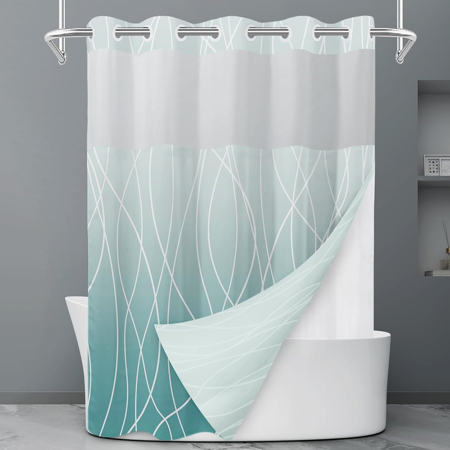 No Hook Grey White Striped Shower Curtain with Snap in Fabric Liner Set - Hotel Liner Set with See Through Mesh Top Window,Machine Washable, 71x74 INCH