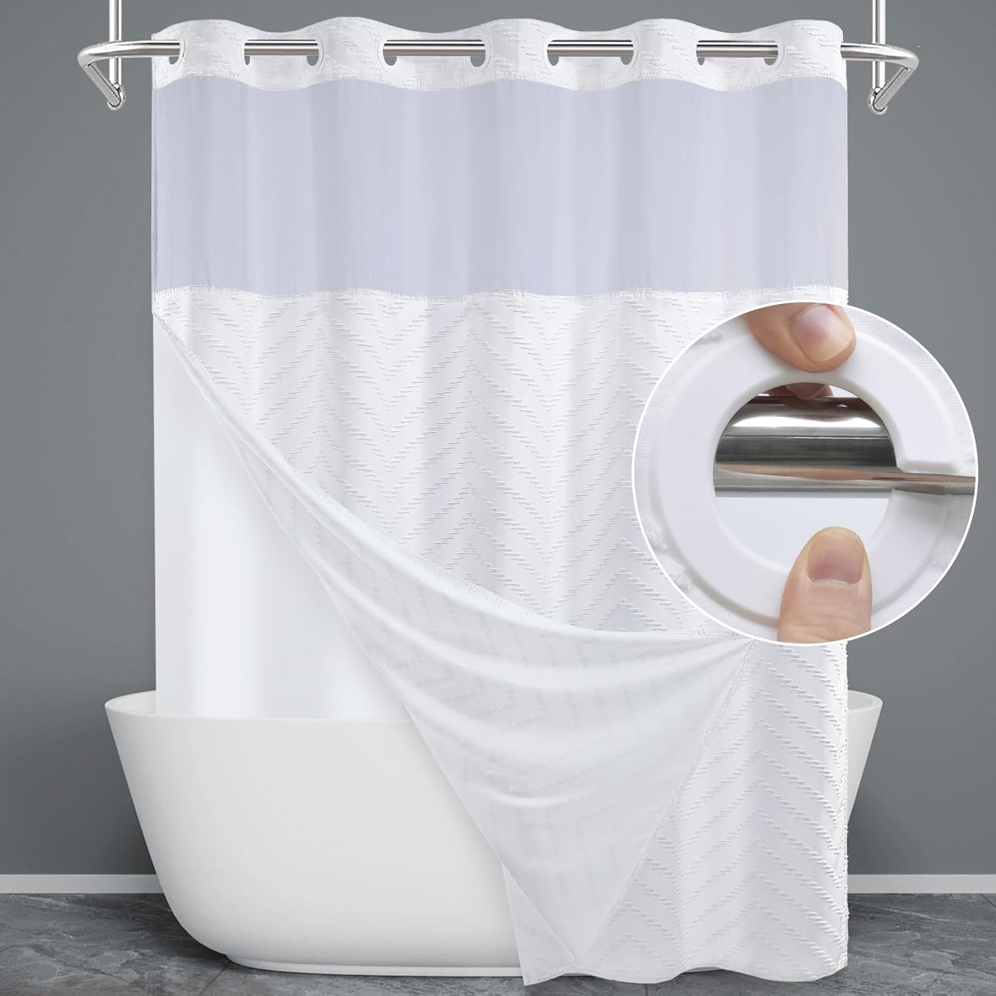 No Hook Shower Curtain with Snap in Liner, Black Tufted Chevron Striped Shower Curtains for Bathroom, Waterproof & Washable, 71Wx74H