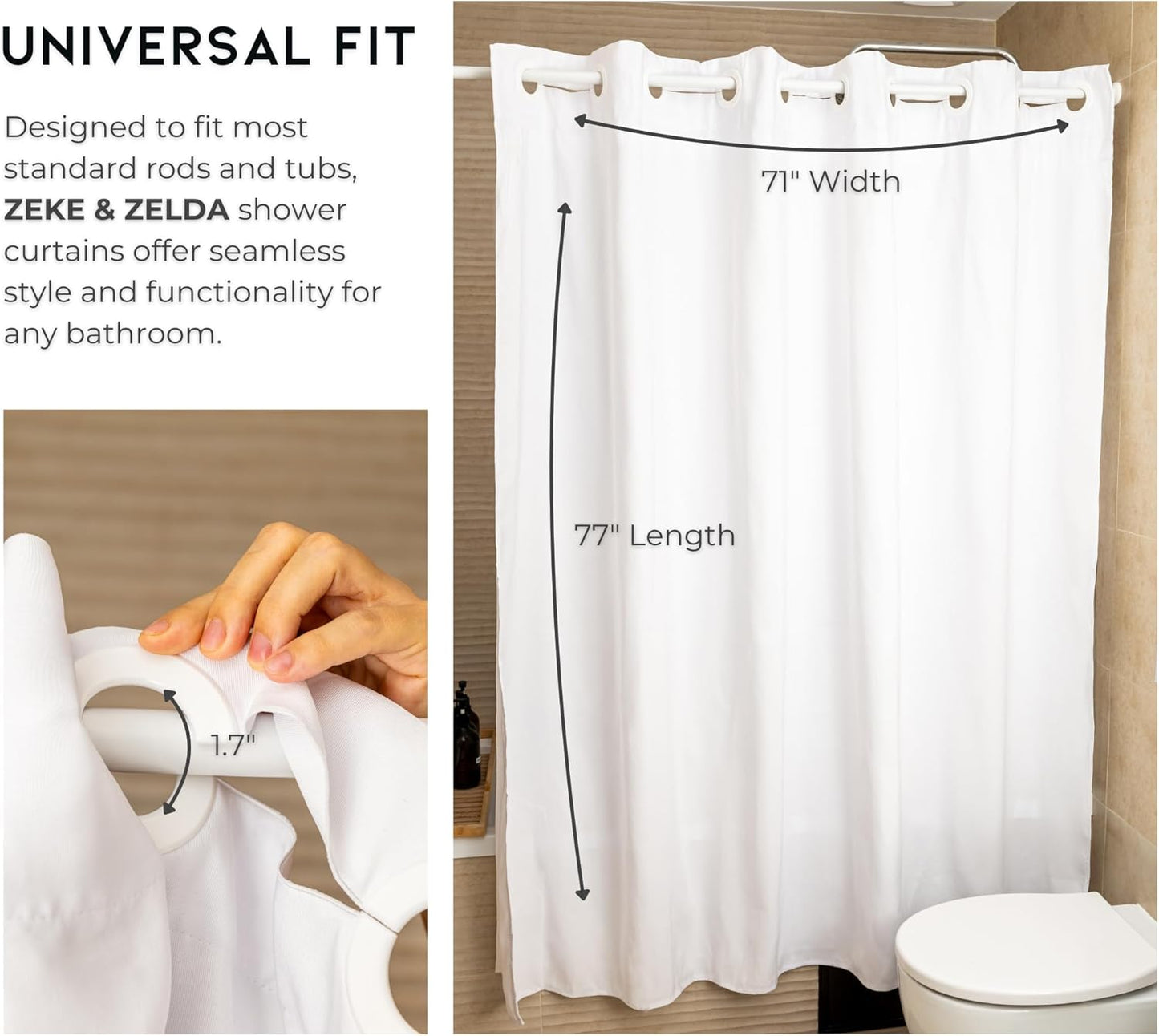 ZEKE & Zelda Hotel Shower Curtain with Snap-On Reusable Washable Liner – Extra Long 71x77 Heavy Duty 230GSM Fabric Hookless Design – Water Resistant Full Length Bathroom Curtain (White)