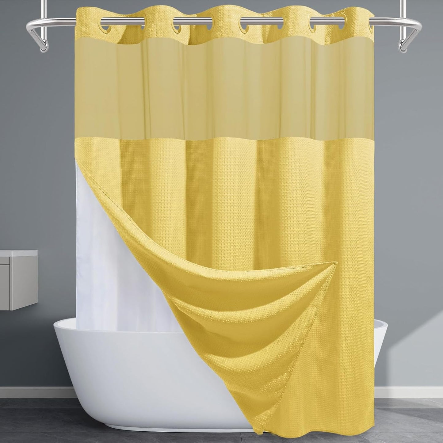 Grey Shower Curtain and Liner Set - 230GSM Waffle Weave Textured Heavy Duty,Hotel Luxury Weighted Bath Curtain,71W x 74H