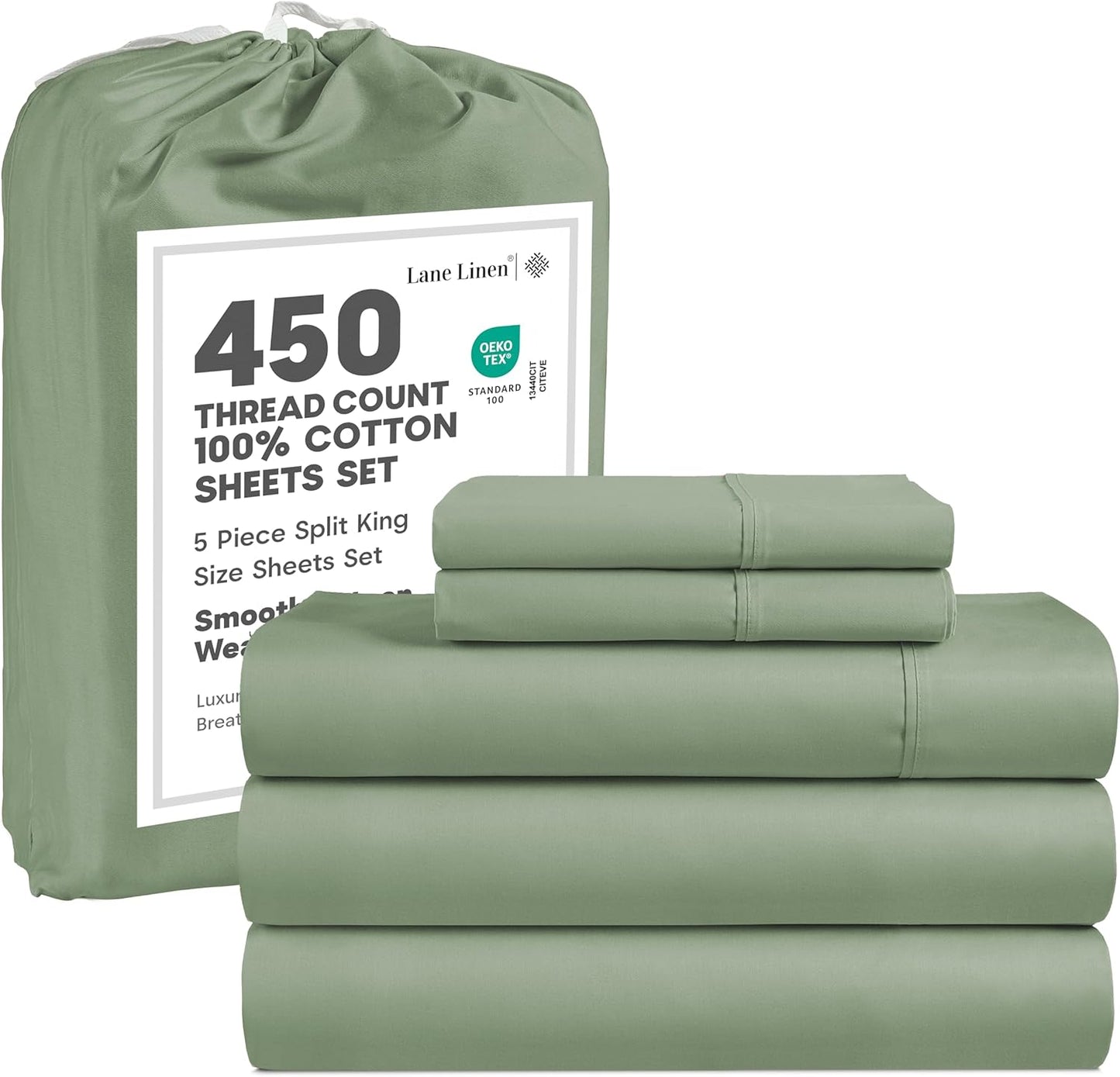 Lane Linen 100% Cotton Sheets – 450 Thread Count Full Size Sheet Set, Naturally Cooling Sateen Sheets, Soft & Comfy, 15” Deep Pocket Fully Elasticized Fitted Sheet, Bedding Sheets & Pillowcases, White