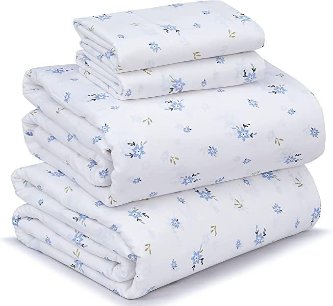 RUVANTI 100% Cotton Sheets Queen Size Set, 4 Pieces, Soft & Breathable Percale Weave Bedding, Deep Pocket 16", Hotel Standard, Crisp Cool Feeling, Durable, Perfect Floral Bed Sheet, Sweet Pea