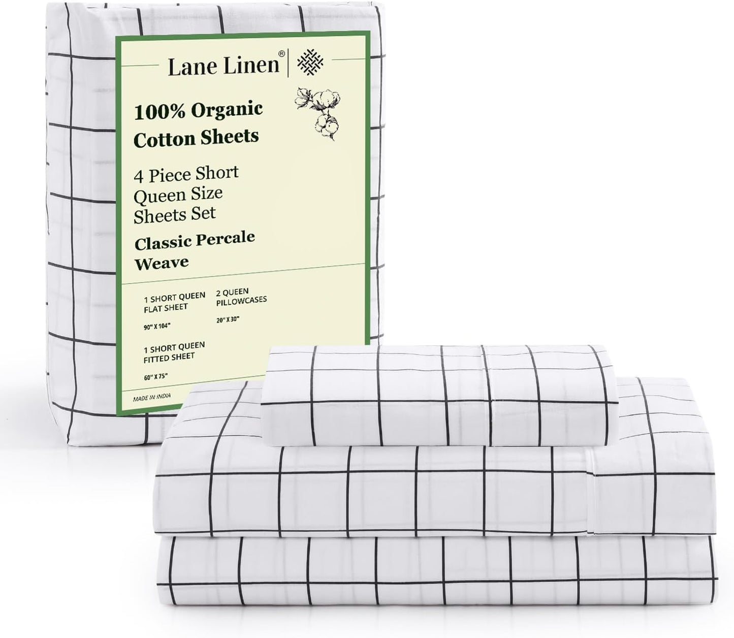 LANE LINEN 100% Organic Cotton Twin Sheets Set, 3Pc Twin Bed Sheets, Soft & Comfy Breathable Cotton Percale Sheets for Twin Size Bed, Dorm Room Essentials Low Pill Fade Resistant White Sheets