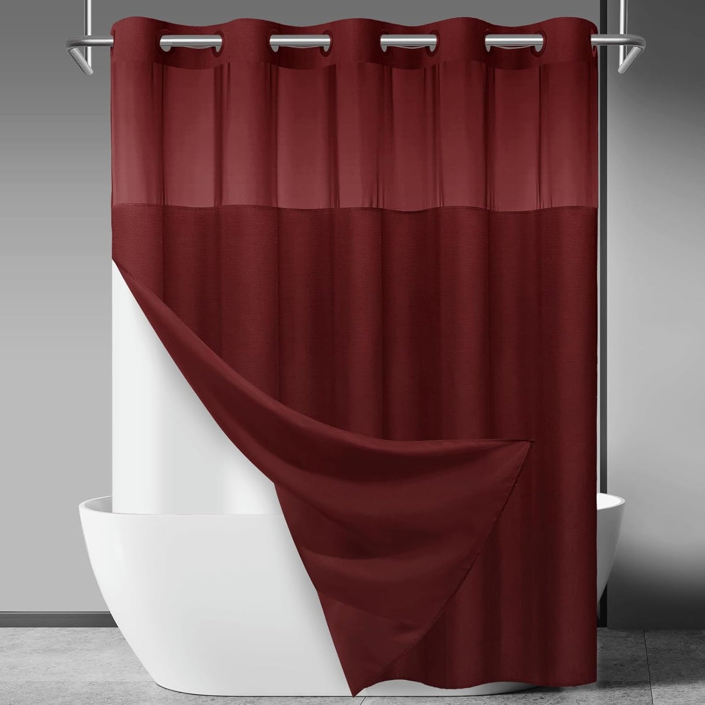 No Hook Slub Textured Shower Curtain with Snap in Liner - Black Fabric Outer Curtain & Waterproof Inner Liner, Hotel Style with See Through Top Window, 71x74 in