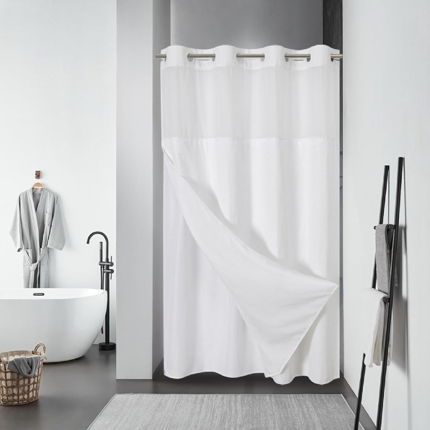 Grey No Hook Waffle Weave Shower Curtain with snap-in Liner Replacement, 230GSM Waterproof Fabric Hotel Shower Curtain Set for Bathroom, Through Mesh Top Window,71Wx74H