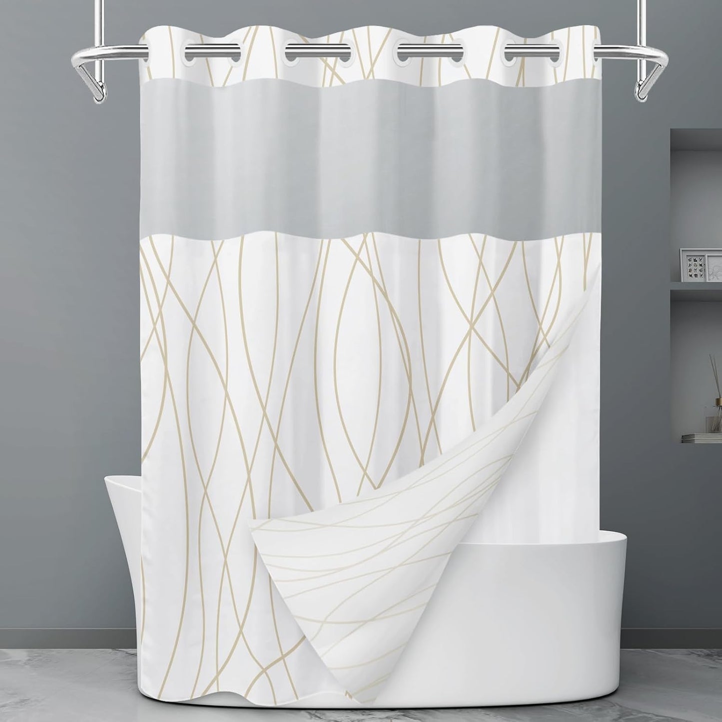 No Hook Grey White Striped Shower Curtain with Snap in Fabric Liner Set - Hotel Liner Set with See Through Mesh Top Window,Machine Washable, 71x74 INCH