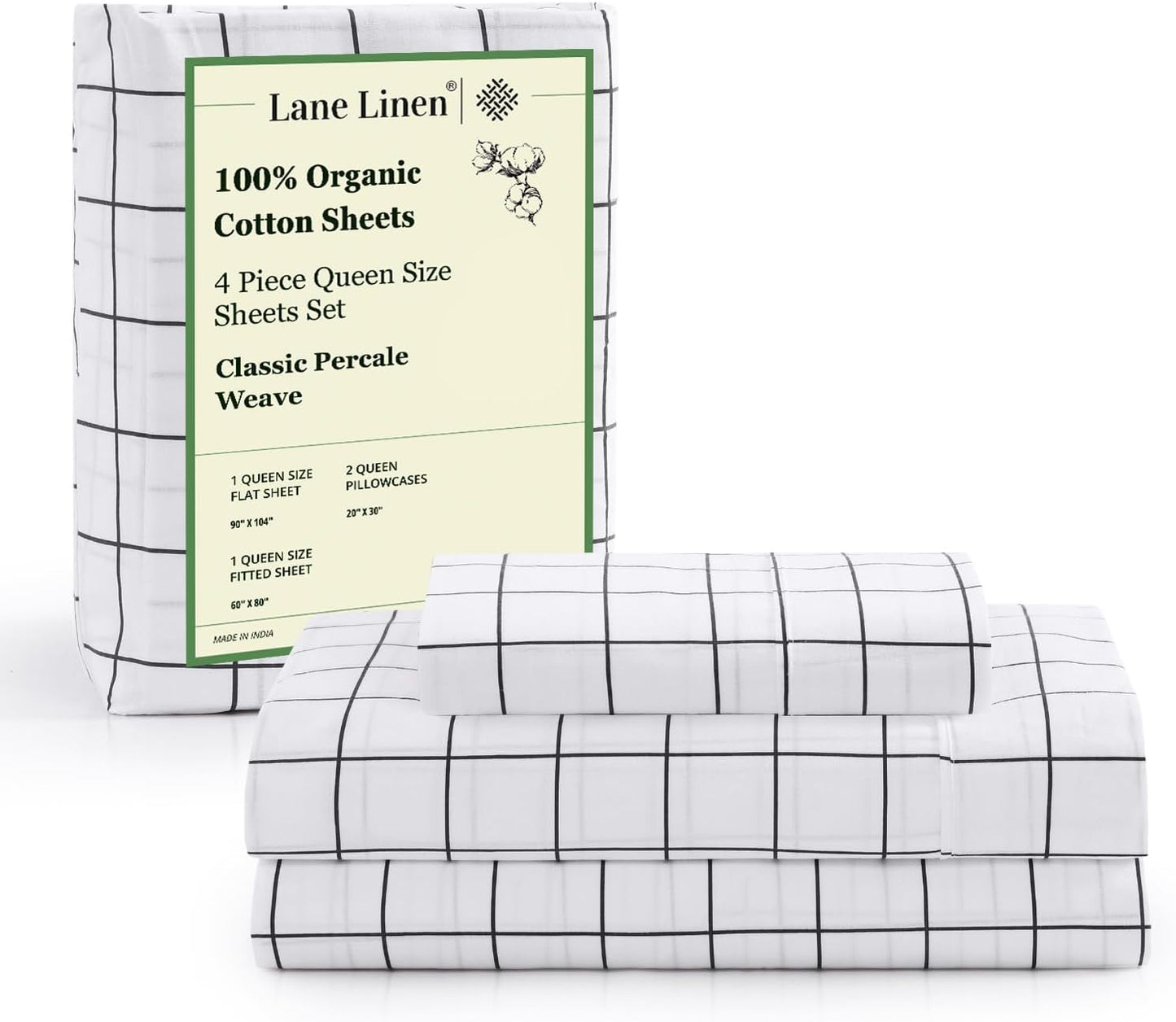 LANE LINEN 100% Organic Cotton Twin Sheets Set, 3Pc Twin Bed Sheets, Soft & Comfy Breathable Cotton Percale Sheets for Twin Size Bed, Dorm Room Essentials Low Pill Fade Resistant White Sheets