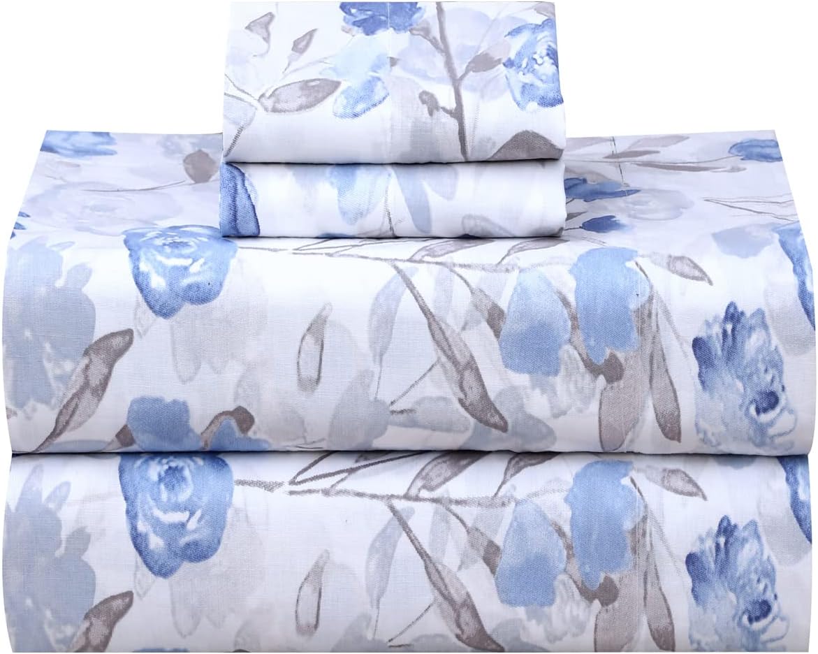 RUVANTI 100% Cotton Sheets Queen Size Set, 4 Pieces, Soft & Breathable Percale Weave Bedding, Deep Pocket 16", Hotel Standard, Crisp Cool Feeling, Durable, Perfect Floral Bed Sheet, Sweet Pea