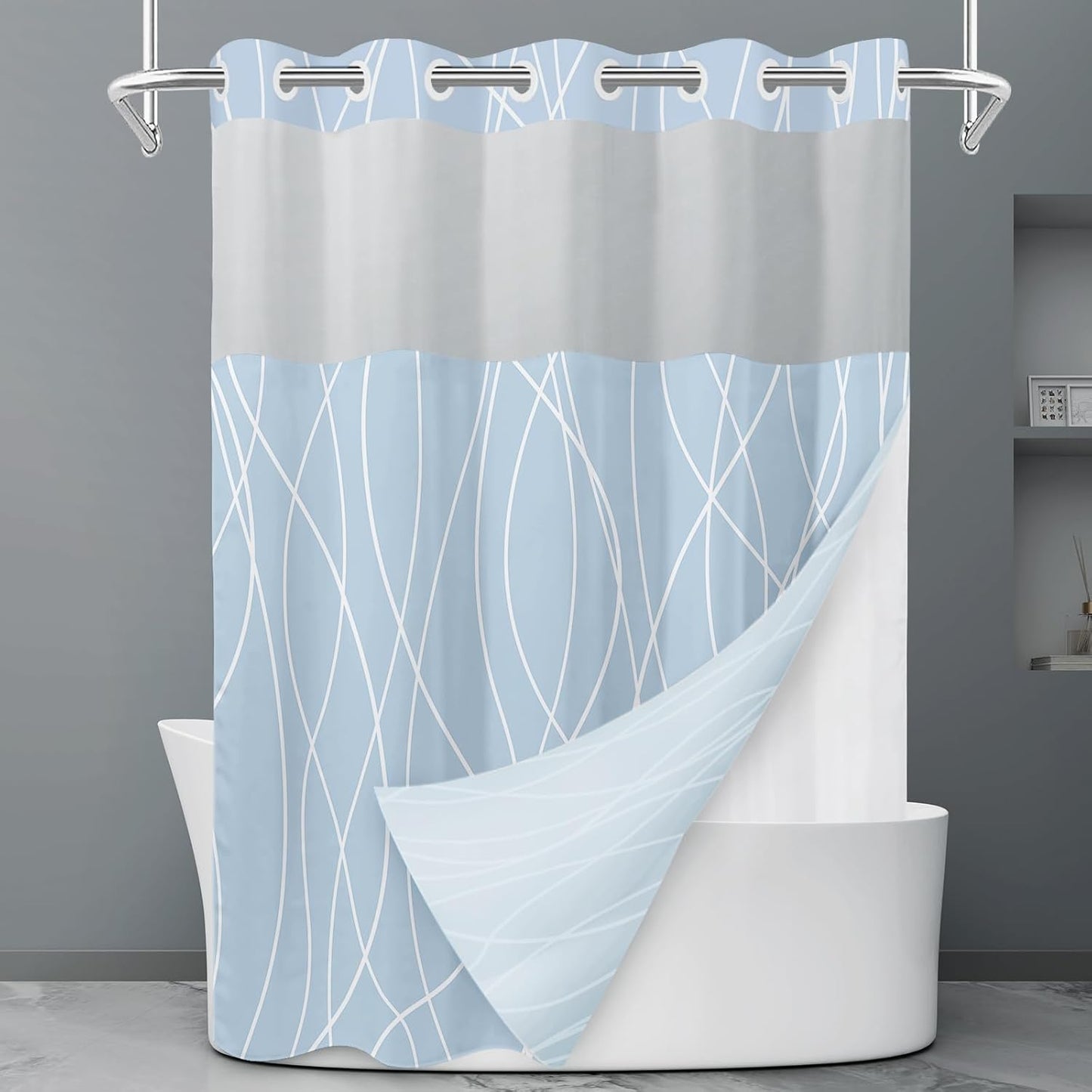 No Hook Grey White Striped Shower Curtain with Snap in Fabric Liner Set - Hotel Liner Set with See Through Mesh Top Window,Machine Washable, 71x74 INCH