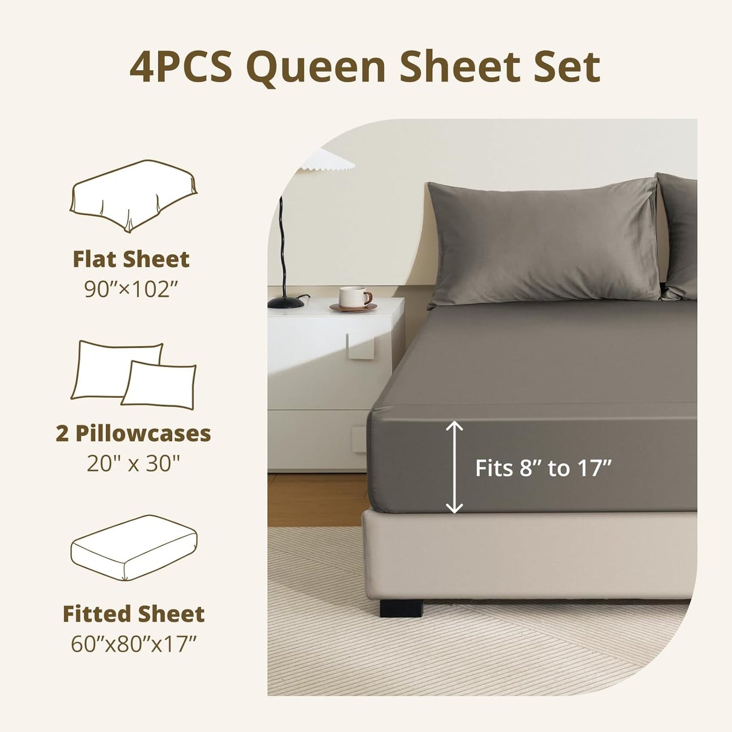 Queen Bed Sheets Set, 4PCS 100% Egyptian Long-Staple Cotton Bedding Sheets with Dual-Lock System, Luxury Soft and Comfort, 1000 Thread Count, Deep Pocket Fits 8" to 17" Mattress