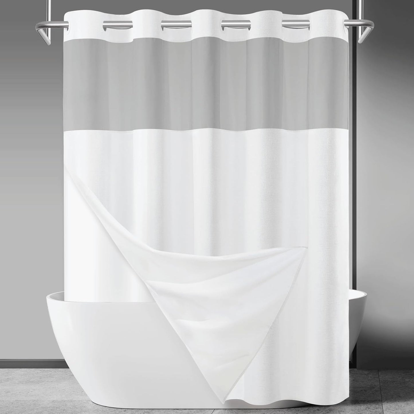 No Hook Slub Textured Shower Curtain with Snap in Liner - Black Fabric Outer Curtain & Waterproof Inner Liner, Hotel Style with See Through Top Window, 71x74 in