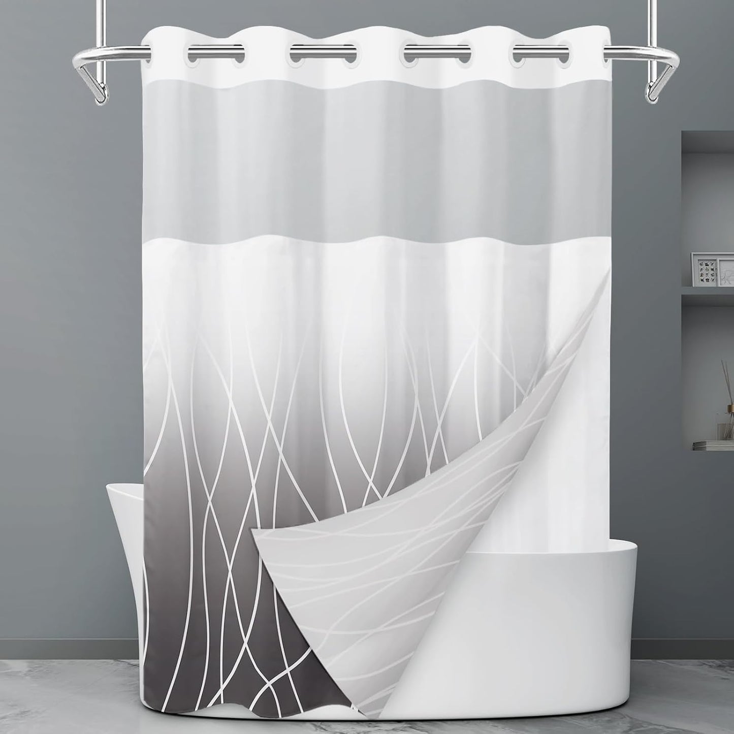 No Hook Grey White Striped Shower Curtain with Snap in Fabric Liner Set - Hotel Liner Set with See Through Mesh Top Window,Machine Washable, 71x74 INCH