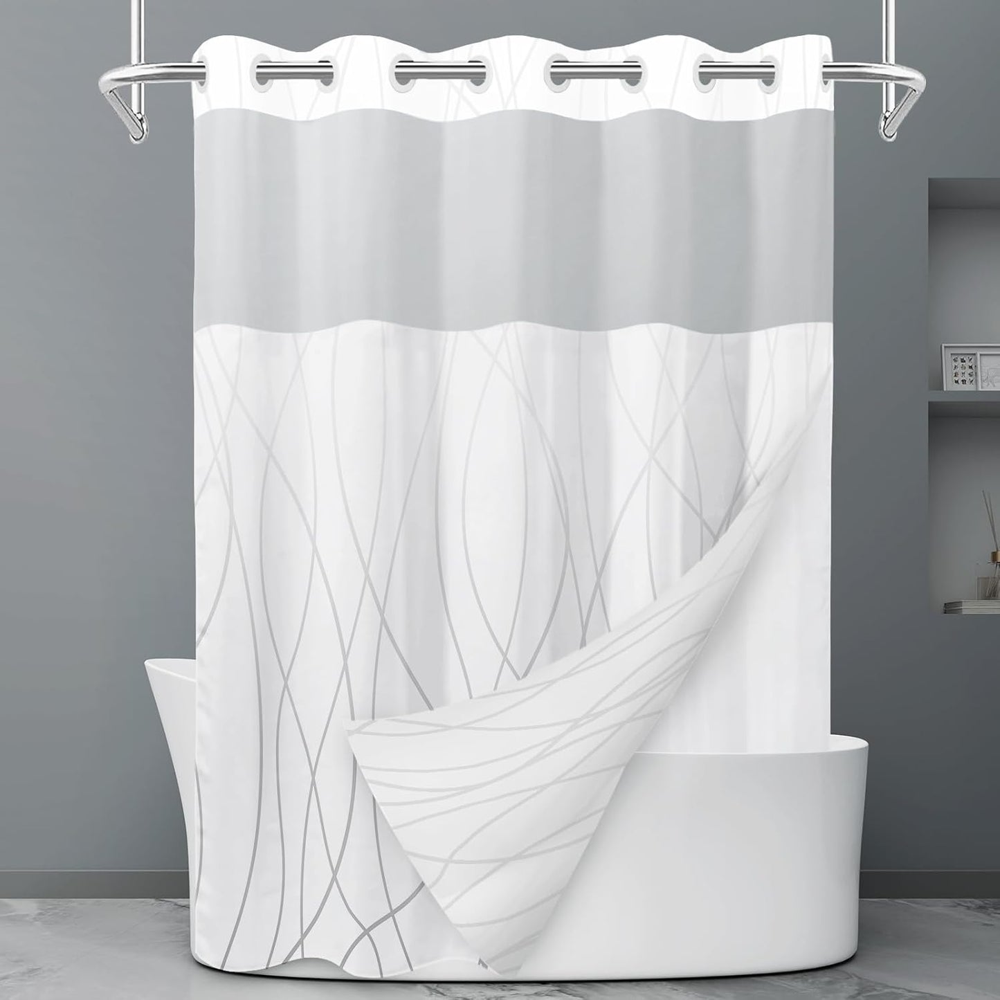 No Hook Grey White Striped Shower Curtain with Snap in Fabric Liner Set - Hotel Liner Set with See Through Mesh Top Window,Machine Washable, 71x74 INCH