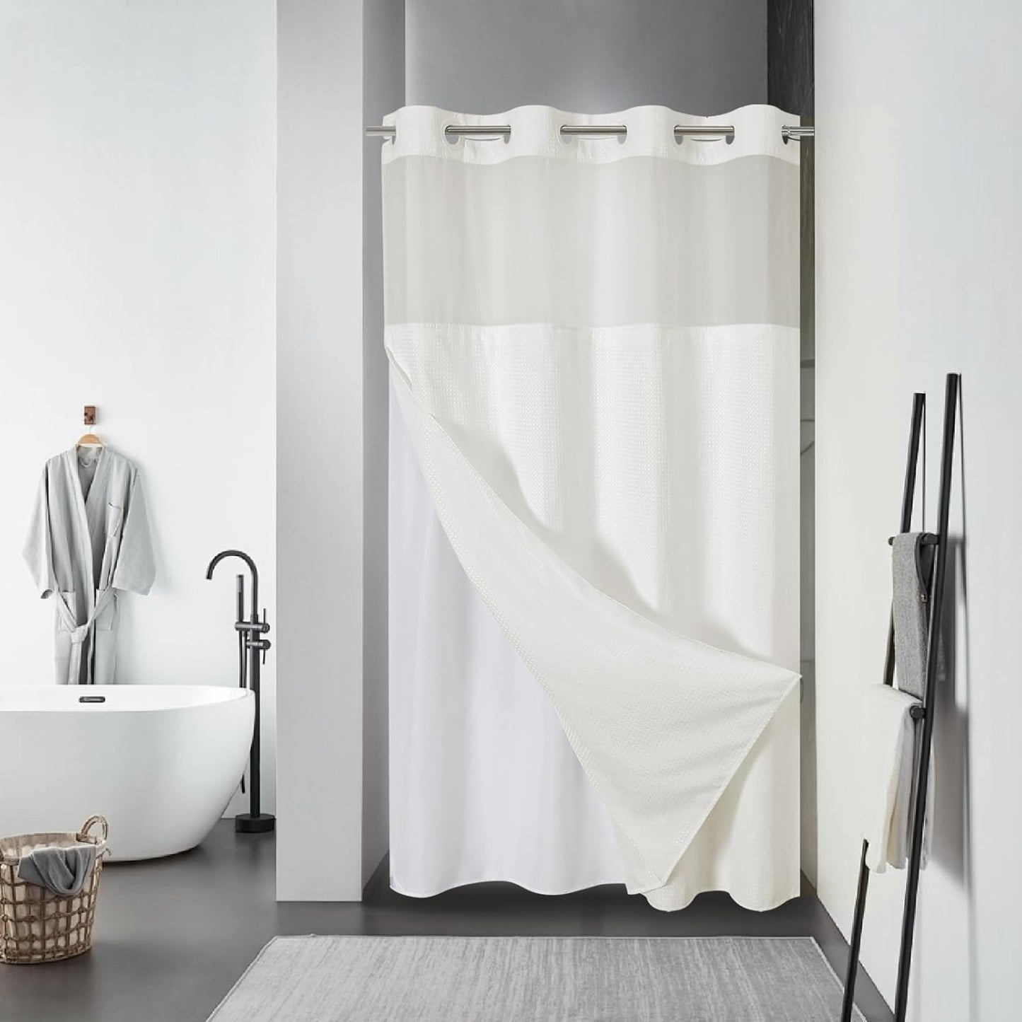 Grey No Hook Waffle Weave Shower Curtain with snap-in Liner Replacement, 230GSM Waterproof Fabric Hotel Shower Curtain Set for Bathroom, Through Mesh Top Window,71Wx74H