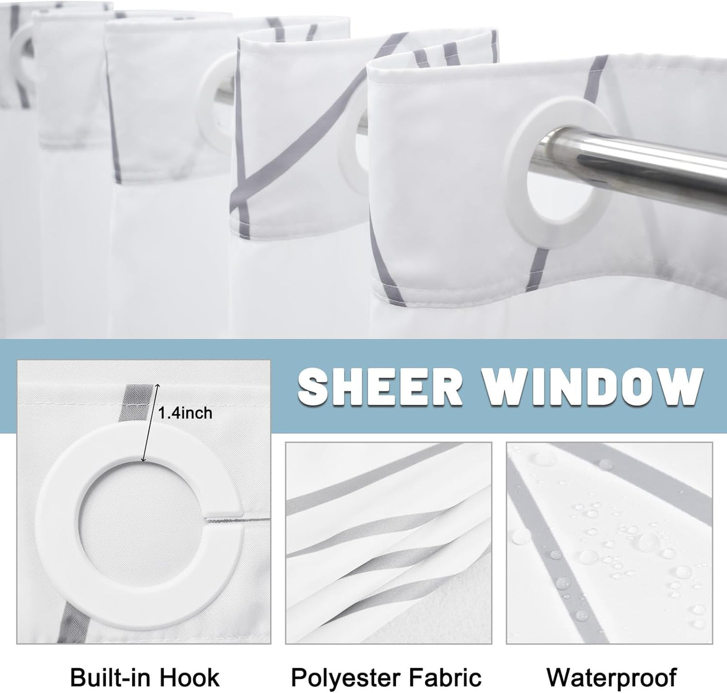 No Hook Grey White Striped Shower Curtain with Snap in Fabric Liner Set - Hotel Liner Set with See Through Mesh Top Window,Machine Washable, 71x74 INCH