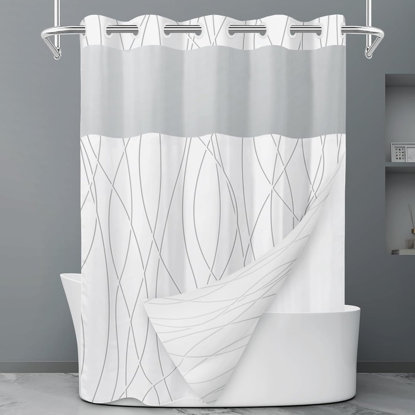 No Hook Grey White Striped Shower Curtain with Snap in Fabric Liner Set - Hotel Liner Set with See Through Mesh Top Window,Machine Washable, 71x74 INCH