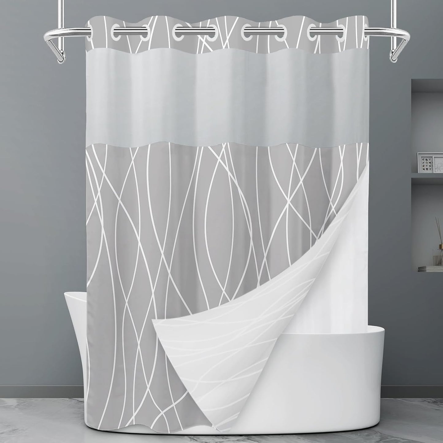 No Hook Grey White Striped Shower Curtain with Snap in Fabric Liner Set - Hotel Liner Set with See Through Mesh Top Window,Machine Washable, 71x74 INCH