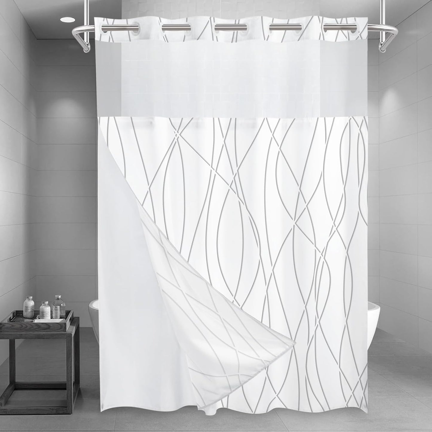 No Hook Grey White Striped Shower Curtain with Snap in Fabric Liner Set - Hotel Liner Set with See Through Mesh Top Window,Machine Washable, 71x74 INCH