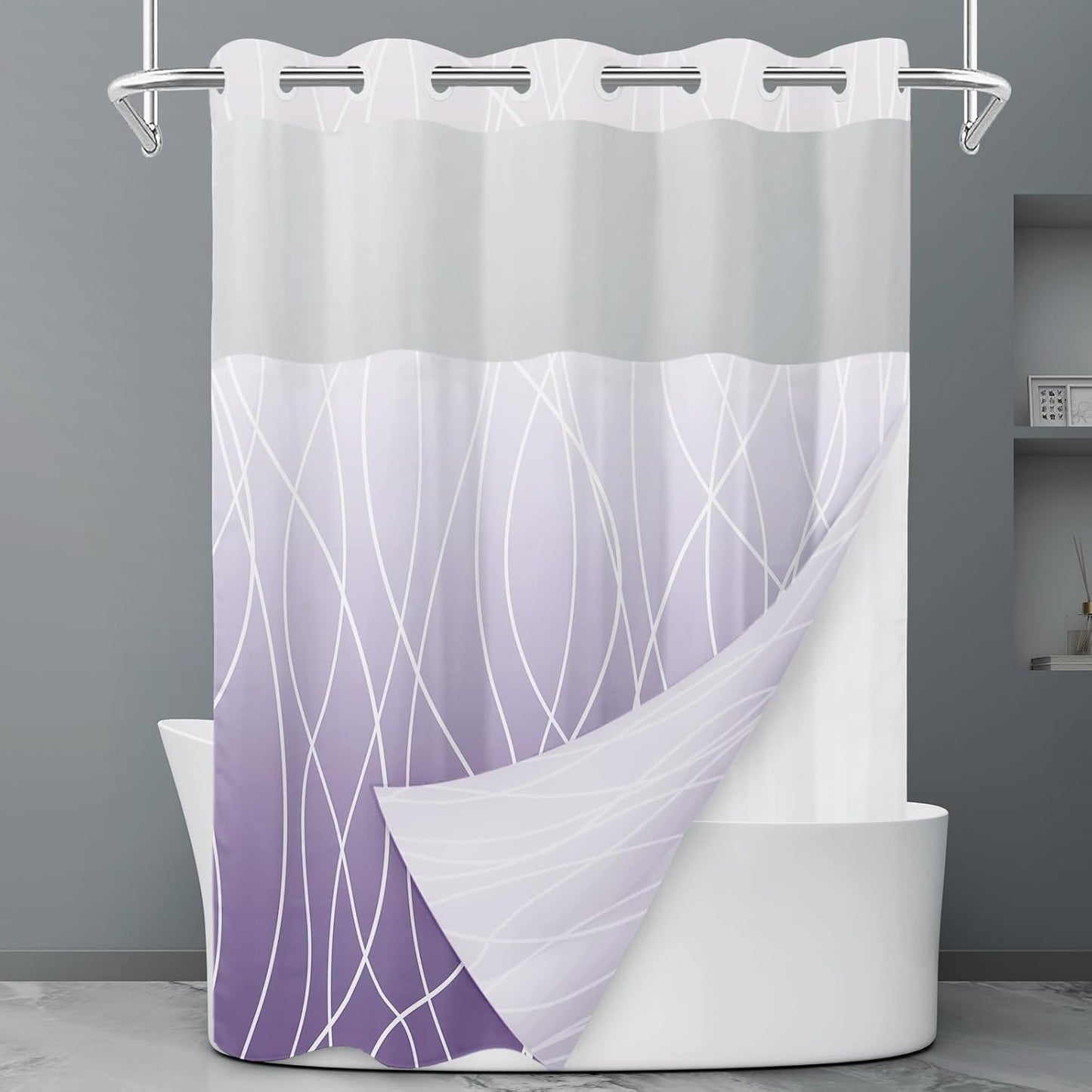 No Hook Grey White Striped Shower Curtain with Snap in Fabric Liner Set - Hotel Liner Set with See Through Mesh Top Window,Machine Washable, 71x74 INCH