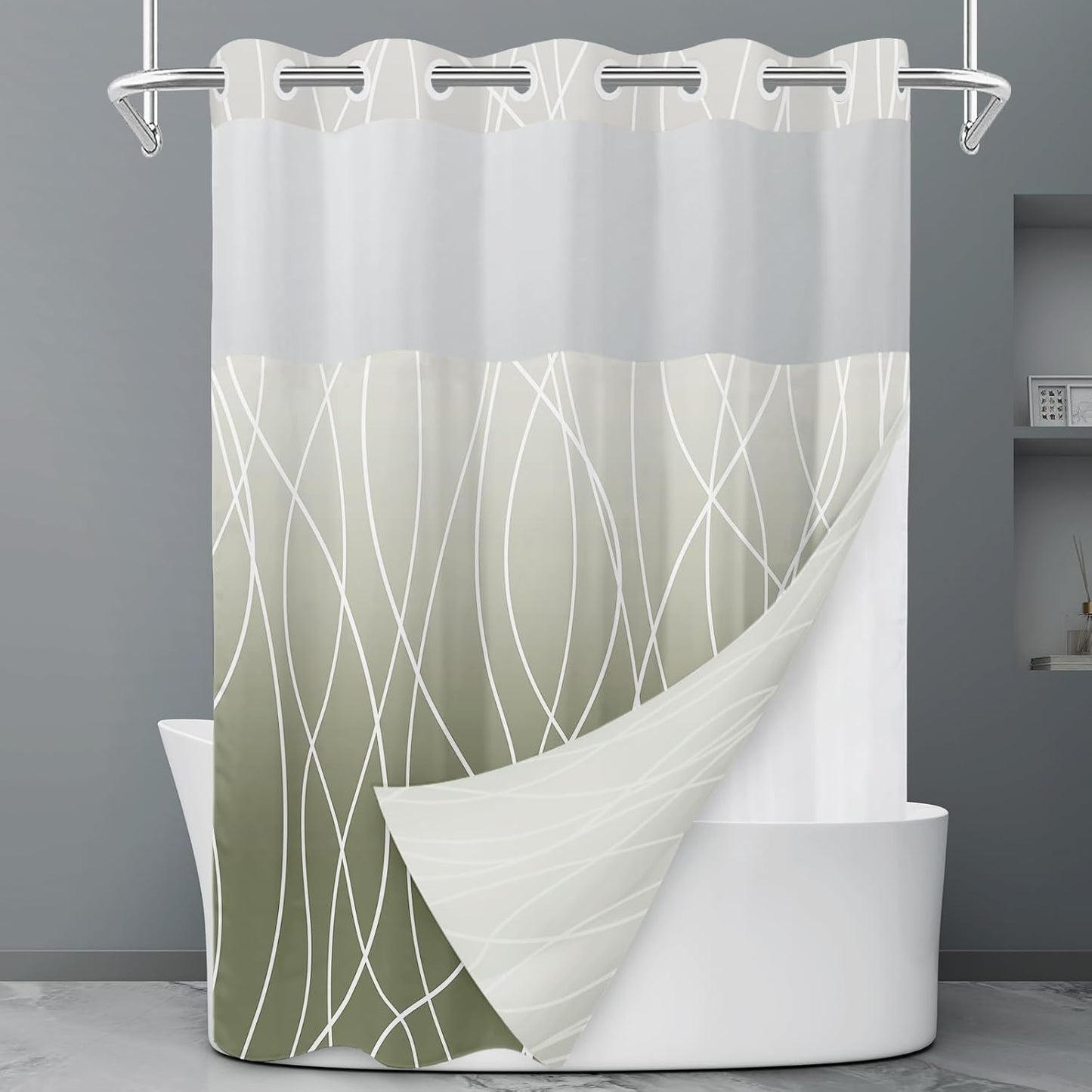 No Hook Grey White Striped Shower Curtain with Snap in Fabric Liner Set - Hotel Liner Set with See Through Mesh Top Window,Machine Washable, 71x74 INCH
