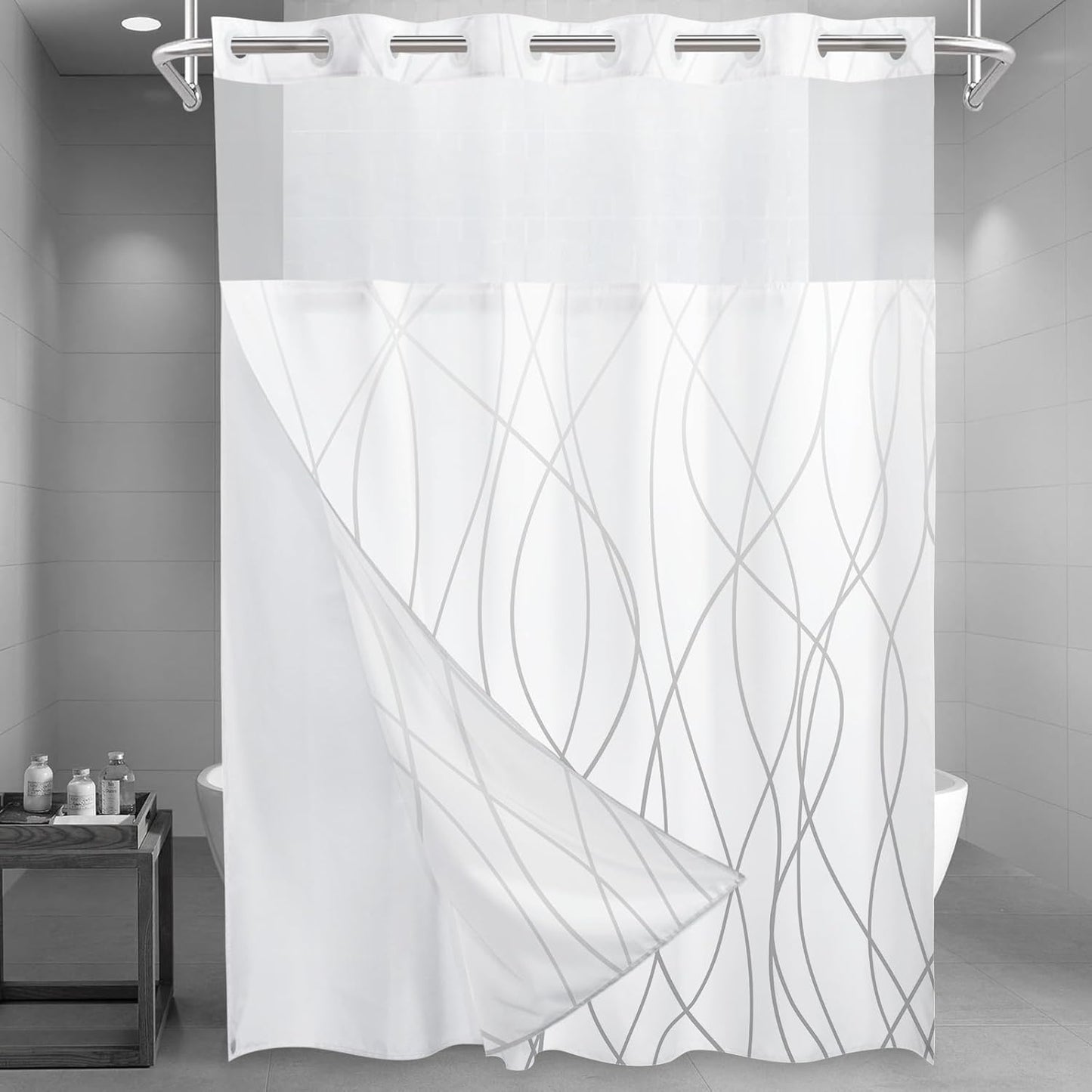 No Hook Grey White Striped Shower Curtain with Snap in Fabric Liner Set - Hotel Liner Set with See Through Mesh Top Window,Machine Washable, 71x74 INCH