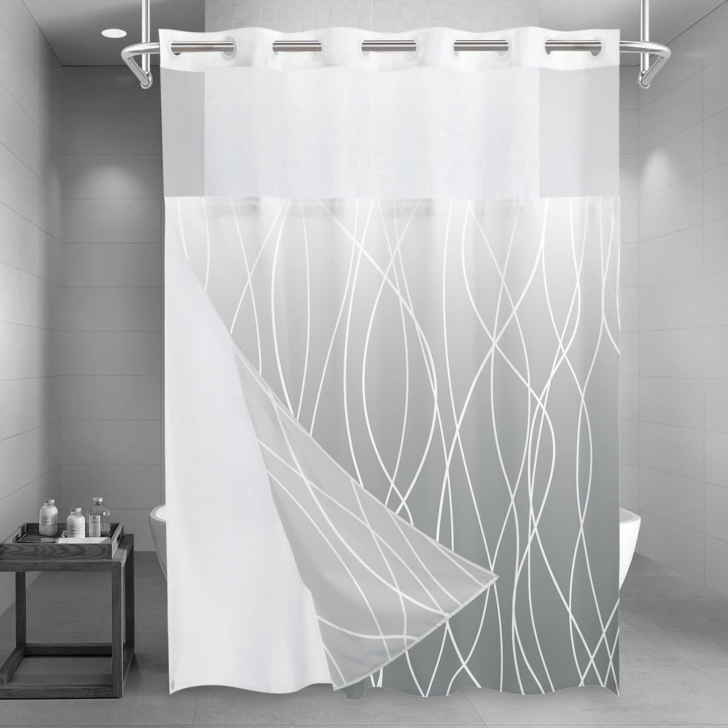 No Hook Grey White Striped Shower Curtain with Snap in Fabric Liner Set - Hotel Liner Set with See Through Mesh Top Window,Machine Washable, 71x74 INCH