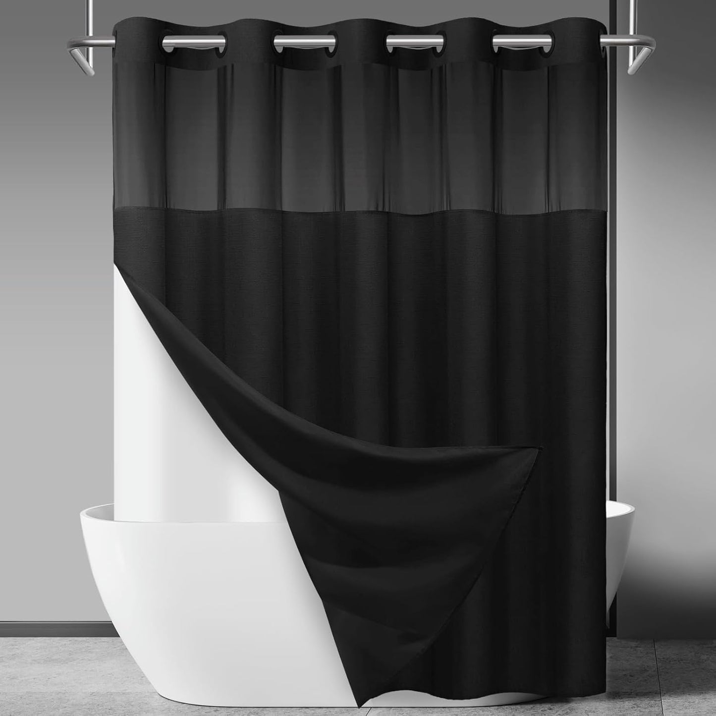 No Hook Slub Textured Shower Curtain with Snap in Liner - Black Fabric Outer Curtain & Waterproof Inner Liner, Hotel Style with See Through Top Window, 71x74 in