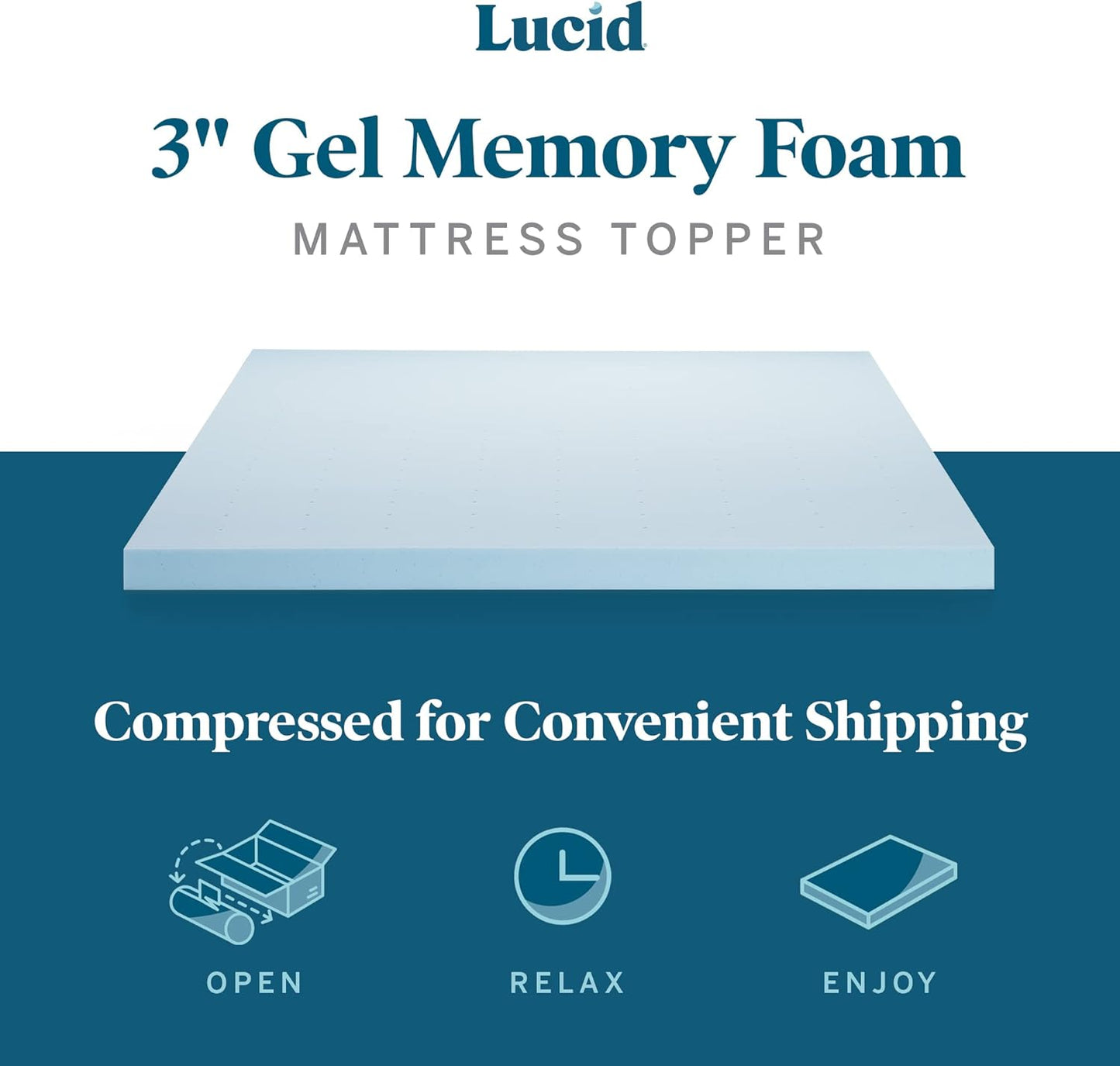 LUCID 3 Inch Mattress Topper Full XL - Gel Infused Memory Foam – Memory Foam Mattress Topper Full – Ventilated Design – CertiPur Certified