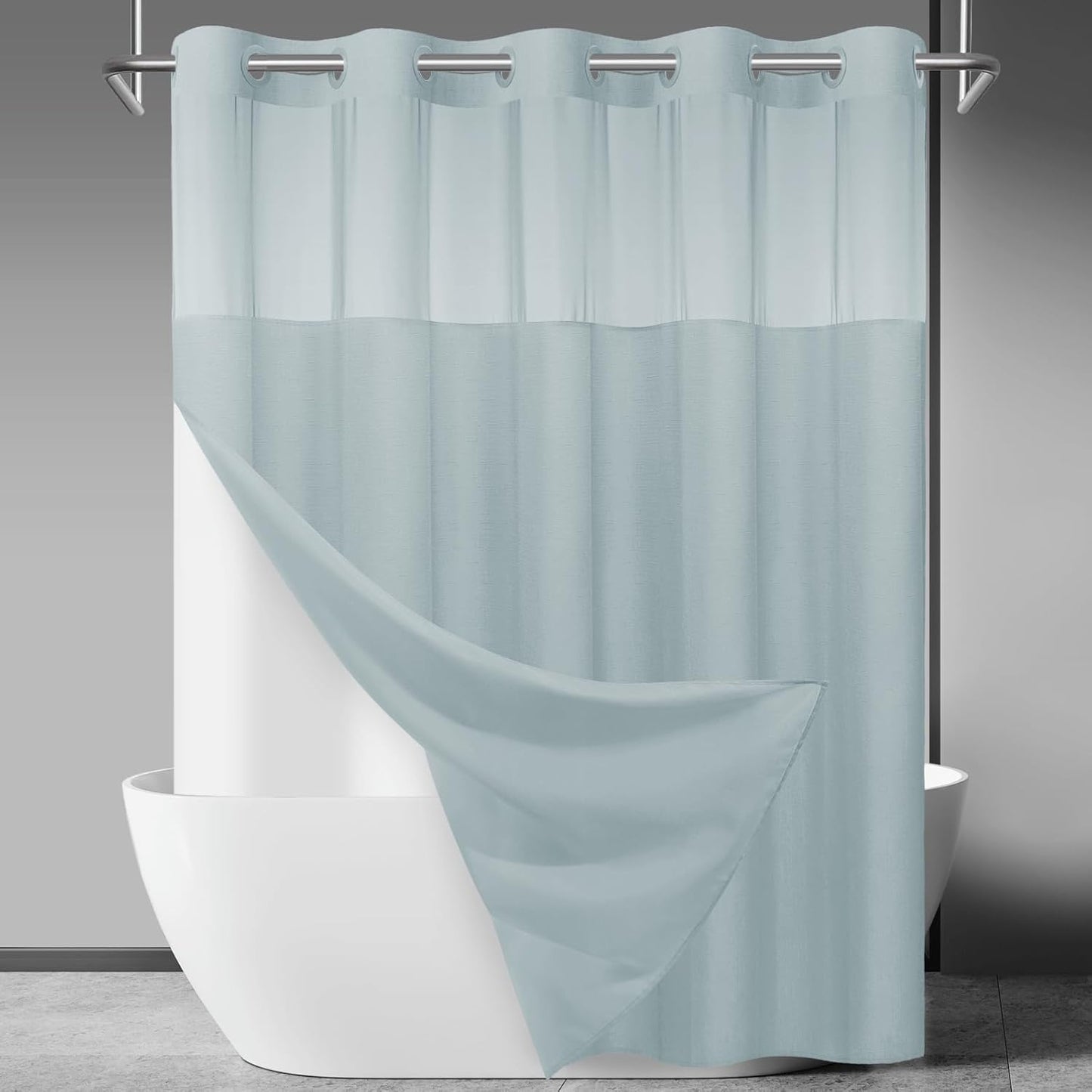 No Hook Slub Textured Shower Curtain with Snap in Liner - Black Fabric Outer Curtain & Waterproof Inner Liner, Hotel Style with See Through Top Window, 71x74 in