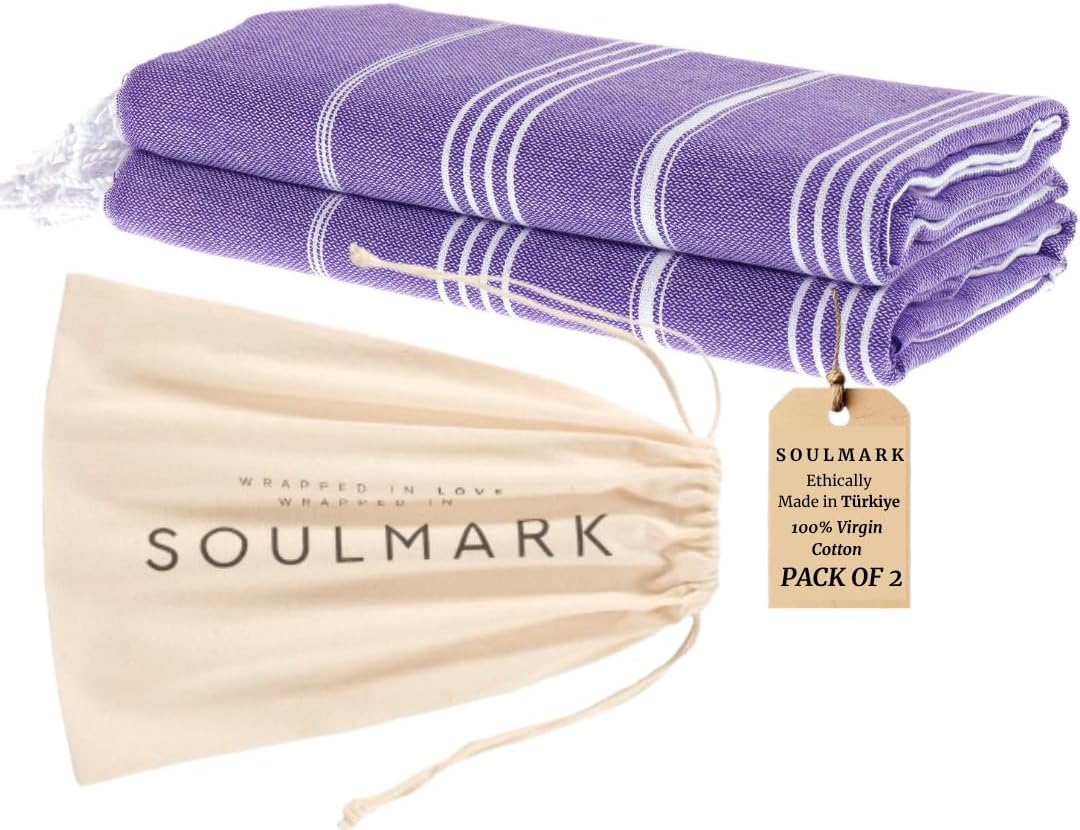 SOULMARK 100% Cotton Turkish Beach Towel with Bag - 38"x71" - 4 Pack - Made in Green & Oeko TEX Certified - Pre-Washed and Sand Free - Quick Dry and Lightweight for Travel - Made in Turkey - Purple