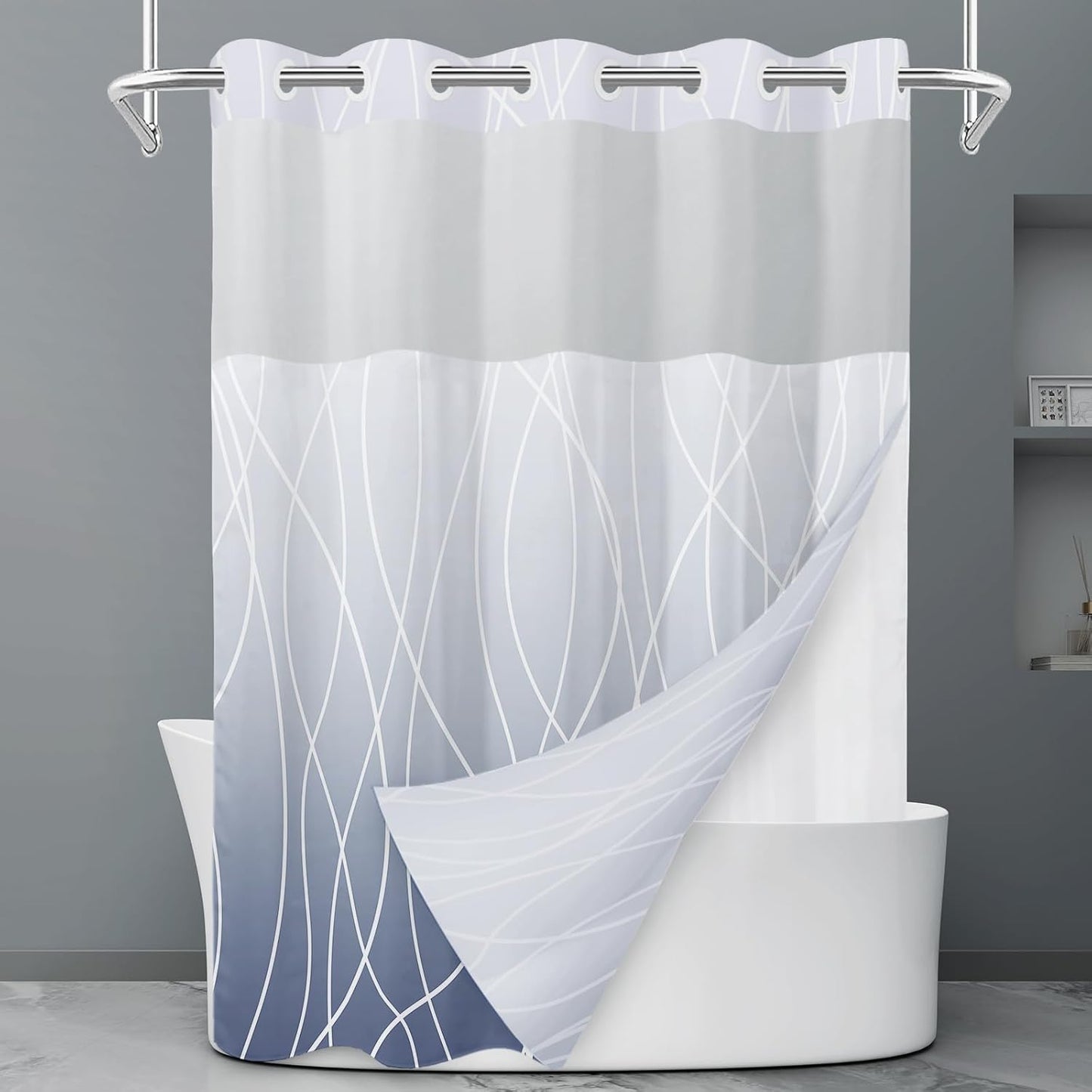No Hook Grey White Striped Shower Curtain with Snap in Fabric Liner Set - Hotel Liner Set with See Through Mesh Top Window,Machine Washable, 71x74 INCH