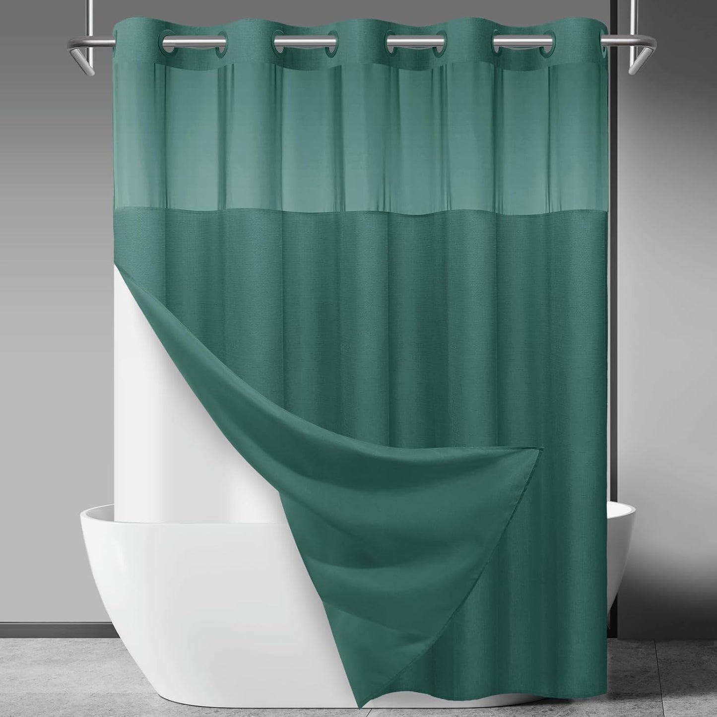 No Hook Slub Textured Shower Curtain with Snap in Liner - Black Fabric Outer Curtain & Waterproof Inner Liner, Hotel Style with See Through Top Window, 71x74 in