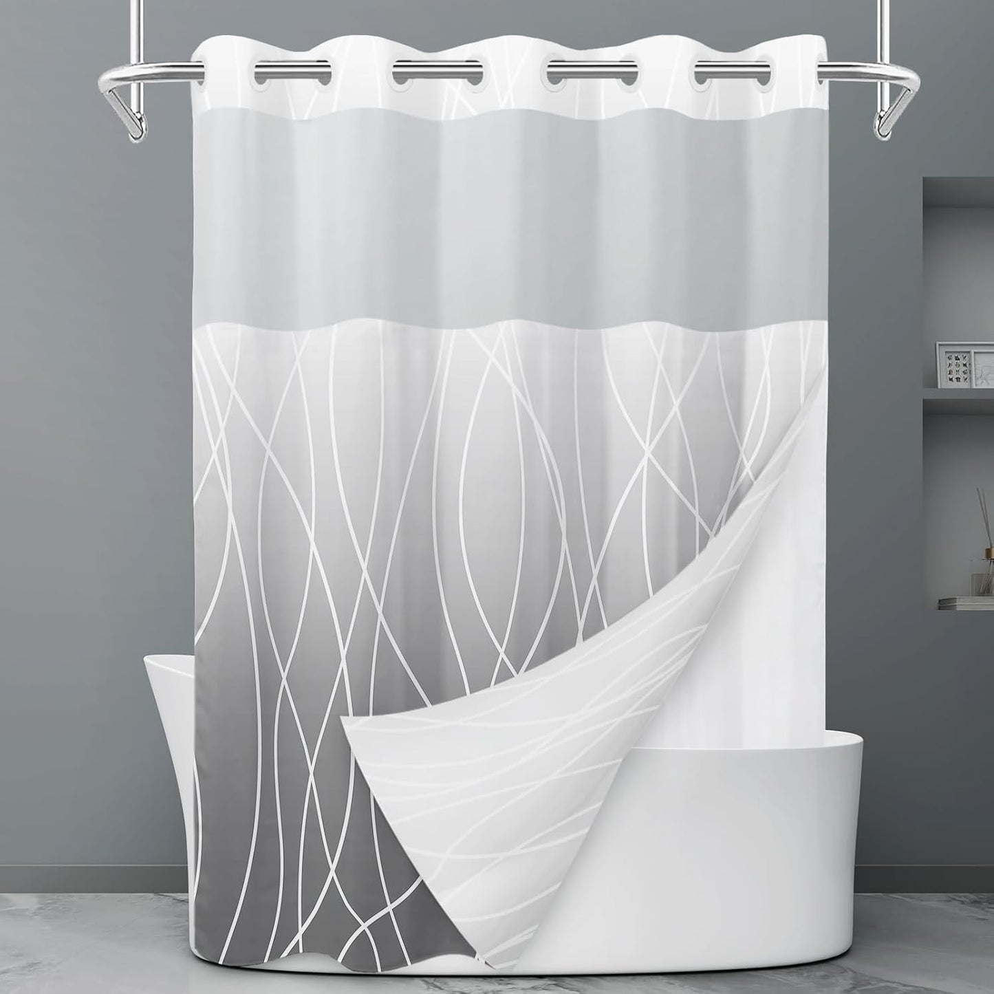 No Hook Grey White Striped Shower Curtain with Snap in Fabric Liner Set - Hotel Liner Set with See Through Mesh Top Window,Machine Washable, 71x74 INCH
