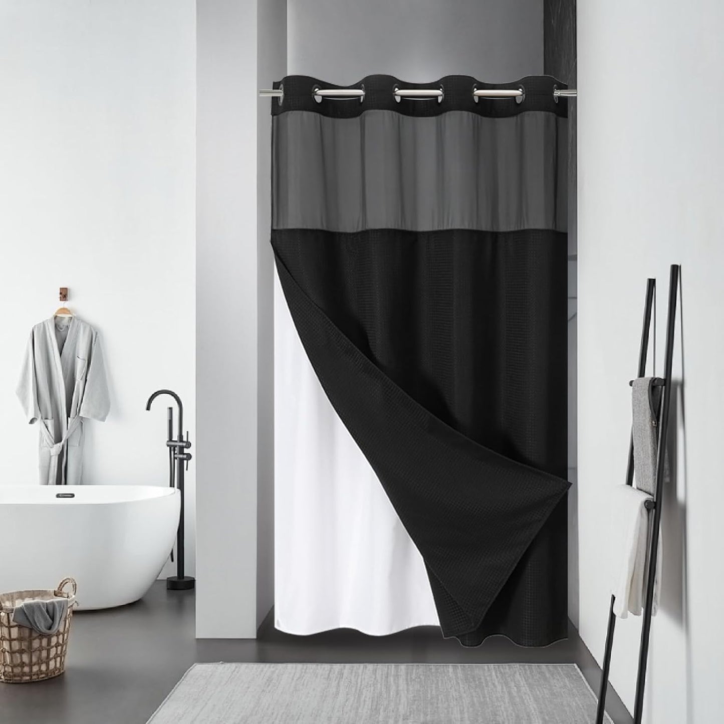 Grey No Hook Waffle Weave Shower Curtain with snap-in Liner Replacement, 230GSM Waterproof Fabric Hotel Shower Curtain Set for Bathroom, Through Mesh Top Window,71Wx74H