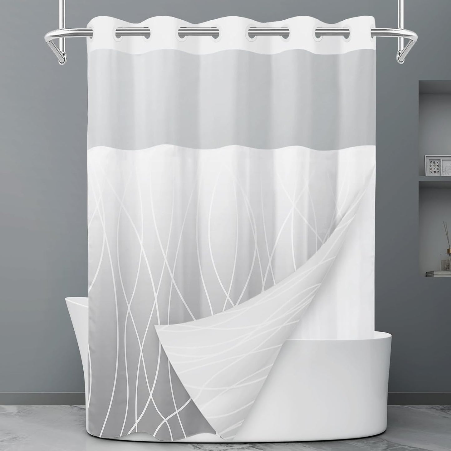 No Hook Grey White Striped Shower Curtain with Snap in Fabric Liner Set - Hotel Liner Set with See Through Mesh Top Window,Machine Washable, 71x74 INCH