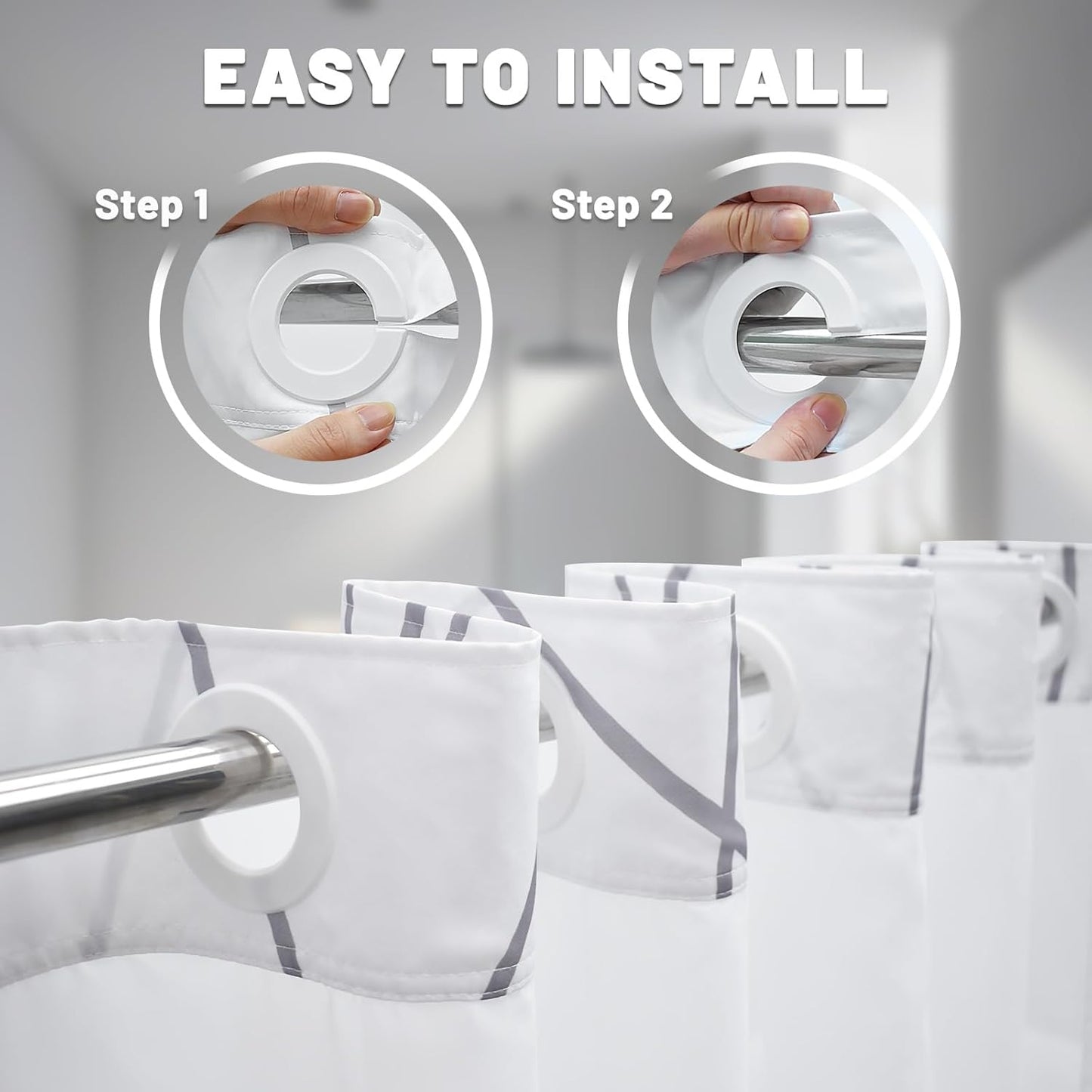 No Hook Grey White Striped Shower Curtain with Snap in Fabric Liner Set - Hotel Liner Set with See Through Mesh Top Window,Machine Washable, 71x74 INCH