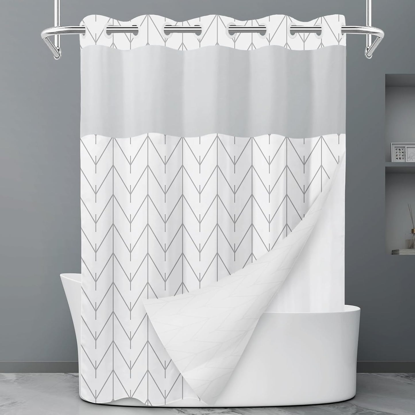 No Hook Grey White Striped Shower Curtain with Snap in Fabric Liner Set - Hotel Liner Set with See Through Mesh Top Window,Machine Washable, 71x74 INCH