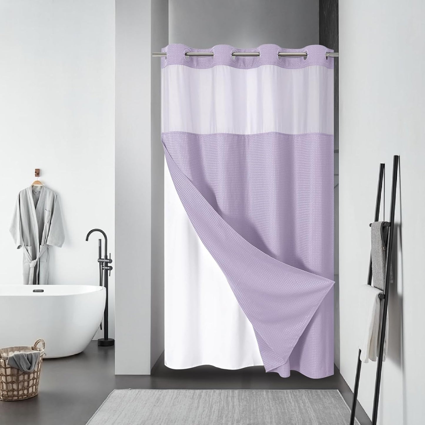 Grey No Hook Waffle Weave Shower Curtain with snap-in Liner Replacement, 230GSM Waterproof Fabric Hotel Shower Curtain Set for Bathroom, Through Mesh Top Window,71Wx74H