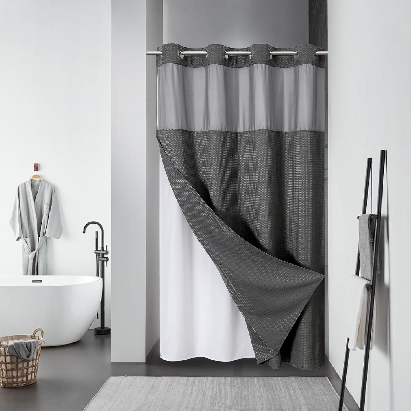 Grey No Hook Waffle Weave Shower Curtain with snap-in Liner Replacement, 230GSM Waterproof Fabric Hotel Shower Curtain Set for Bathroom, Through Mesh Top Window,71Wx74H