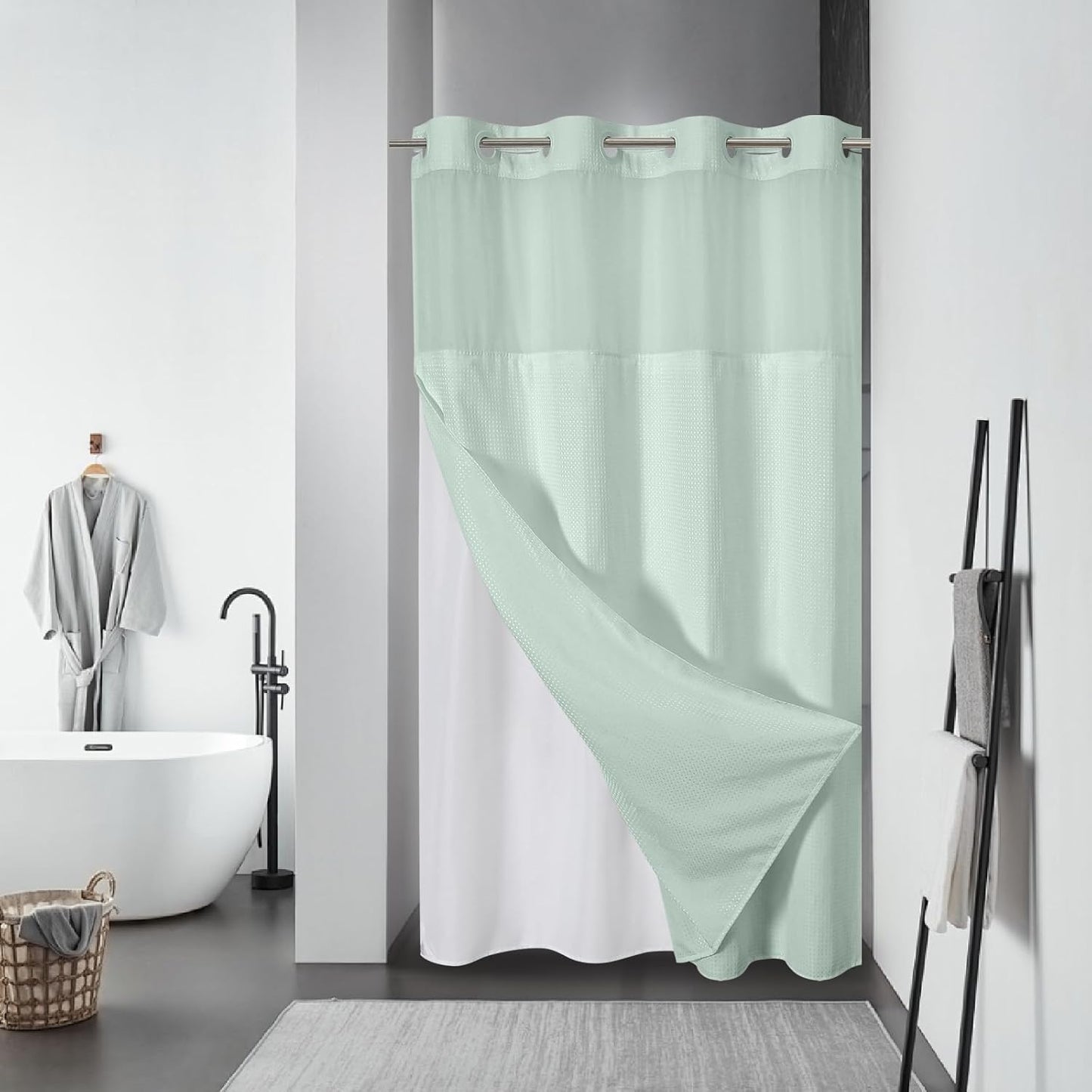 Grey No Hook Waffle Weave Shower Curtain with snap-in Liner Replacement, 230GSM Waterproof Fabric Hotel Shower Curtain Set for Bathroom, Through Mesh Top Window,71Wx74H