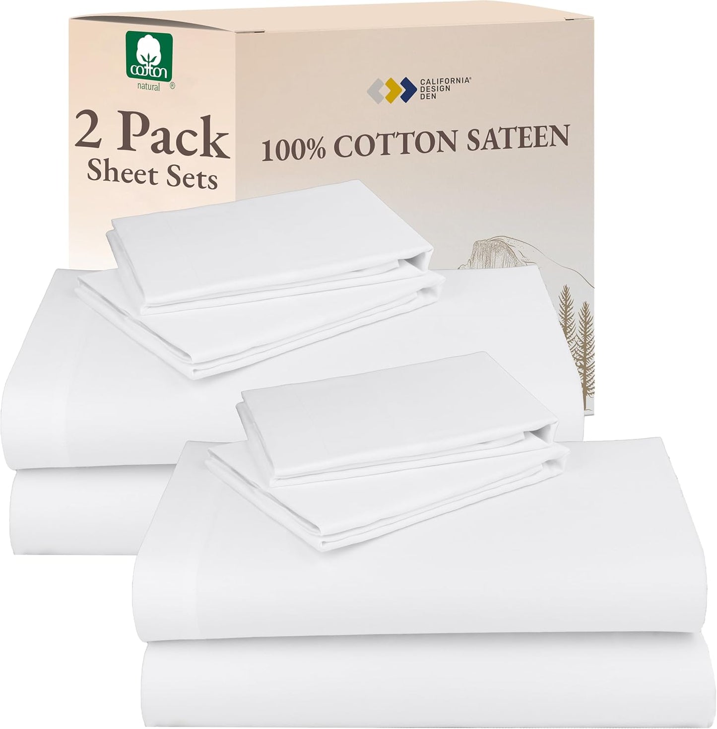 California Design Den Queen Sheet Set - Natural 100% Cotton Sheets Queen Size Bed Set with Deep Pockets, Soft Sateen Weave, Breathable and Durable Bedding (White)