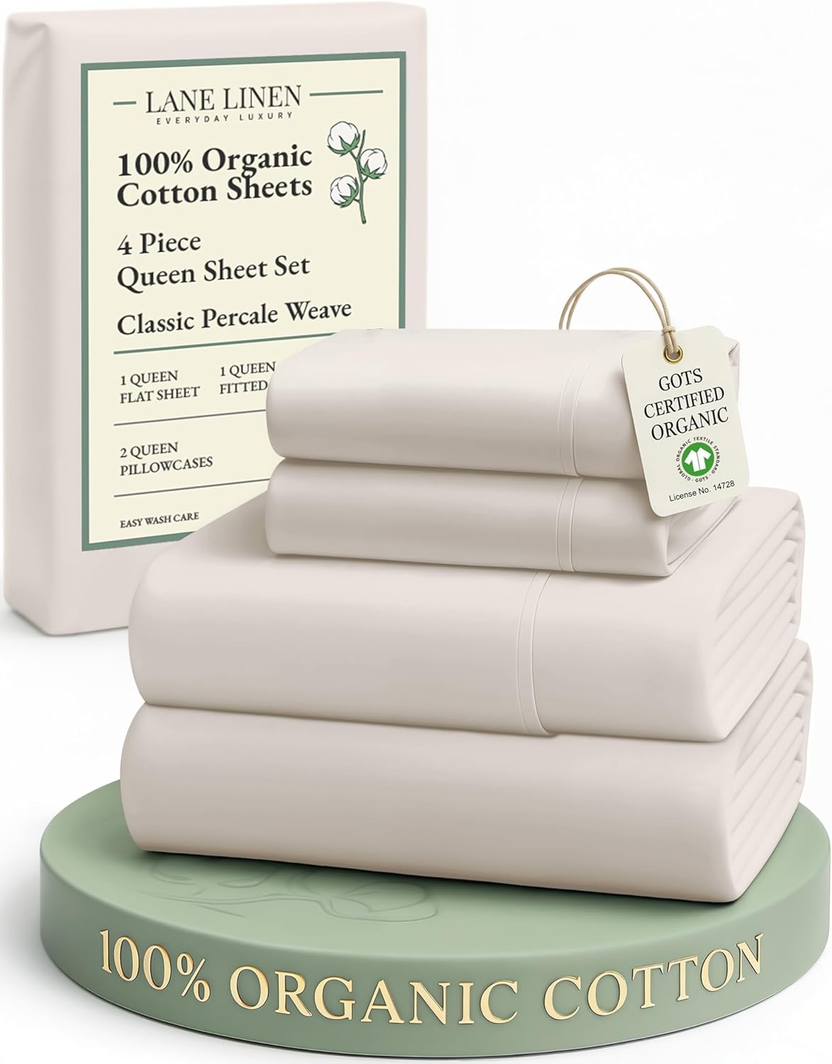 LANE LINEN 100% Organic Cotton Twin Sheets Set, 3Pc Twin Bed Sheets, Soft & Comfy Breathable Cotton Percale Sheets for Twin Size Bed, Dorm Room Essentials Low Pill Fade Resistant White Sheets