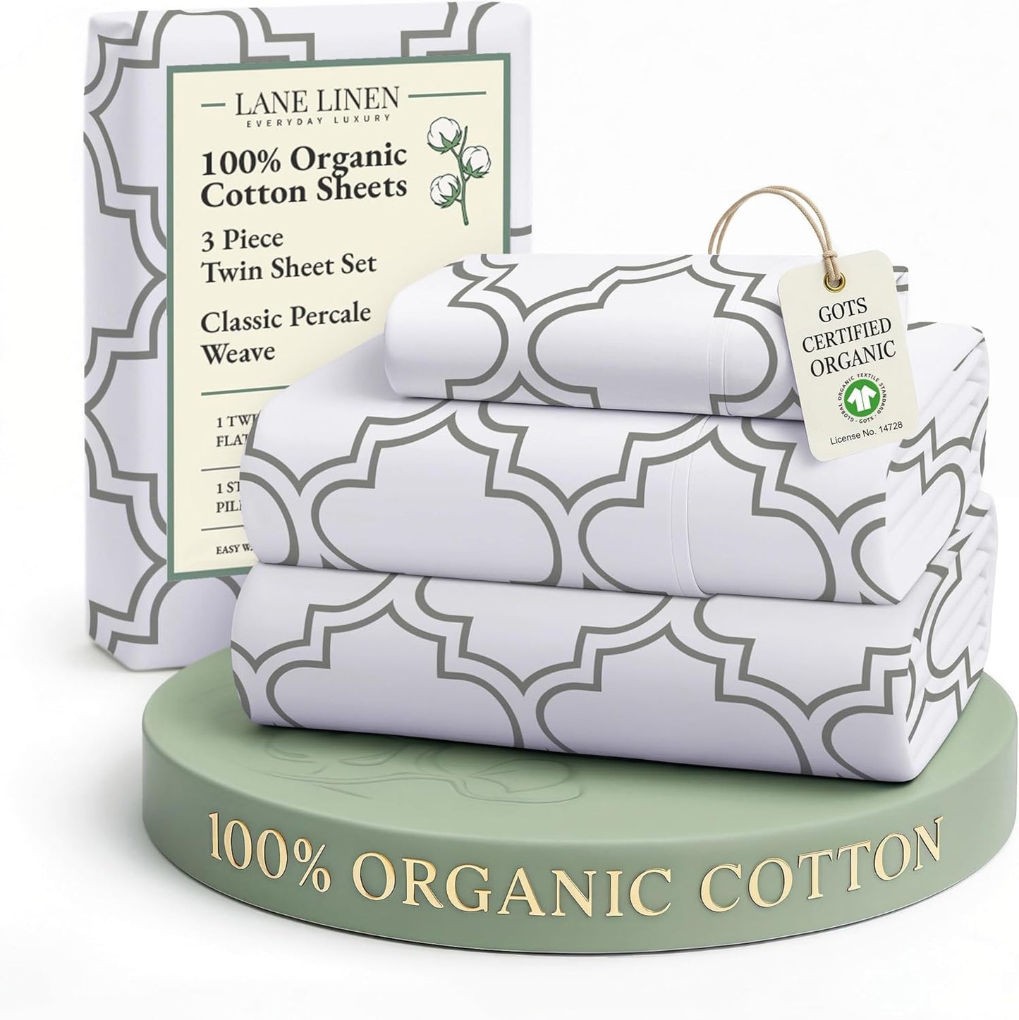 LANE LINEN 100% Organic Cotton Twin Sheets Set, 3Pc Twin Bed Sheets, Soft & Comfy Breathable Cotton Percale Sheets for Twin Size Bed, Dorm Room Essentials Low Pill Fade Resistant White Sheets