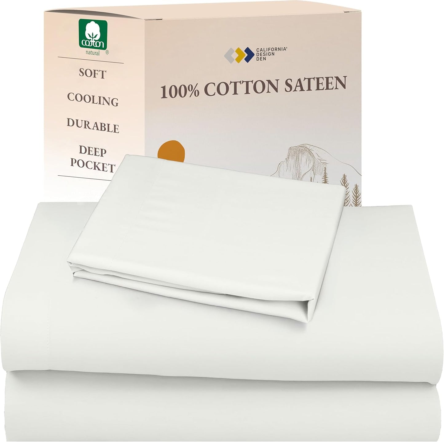 California Design Den Queen Sheet Set - Natural 100% Cotton Sheets Queen Size Bed Set with Deep Pockets, Soft Sateen Weave, Breathable and Durable Bedding (White)