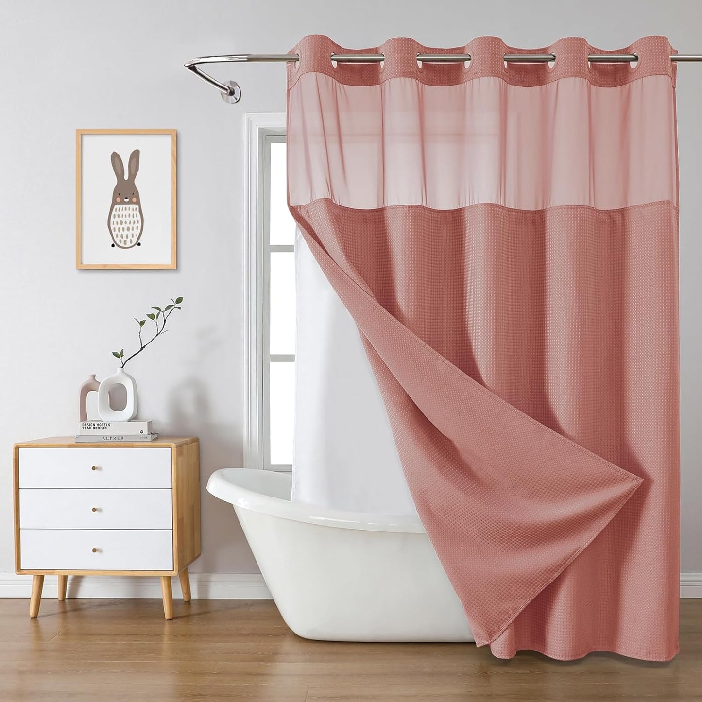 Grey No Hook Waffle Weave Shower Curtain with snap-in Liner Replacement, 230GSM Waterproof Fabric Hotel Shower Curtain Set for Bathroom, Through Mesh Top Window,71Wx74H