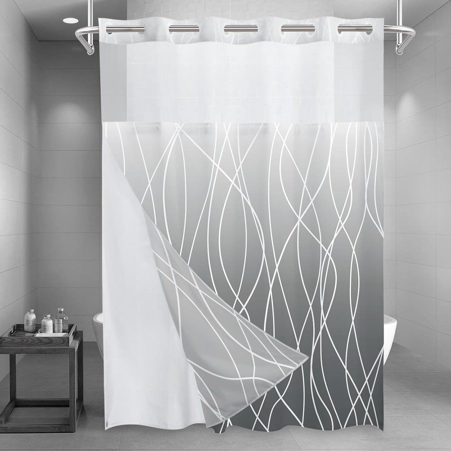 No Hook Grey White Striped Shower Curtain with Snap in Fabric Liner Set - Hotel Liner Set with See Through Mesh Top Window,Machine Washable, 71x74 INCH