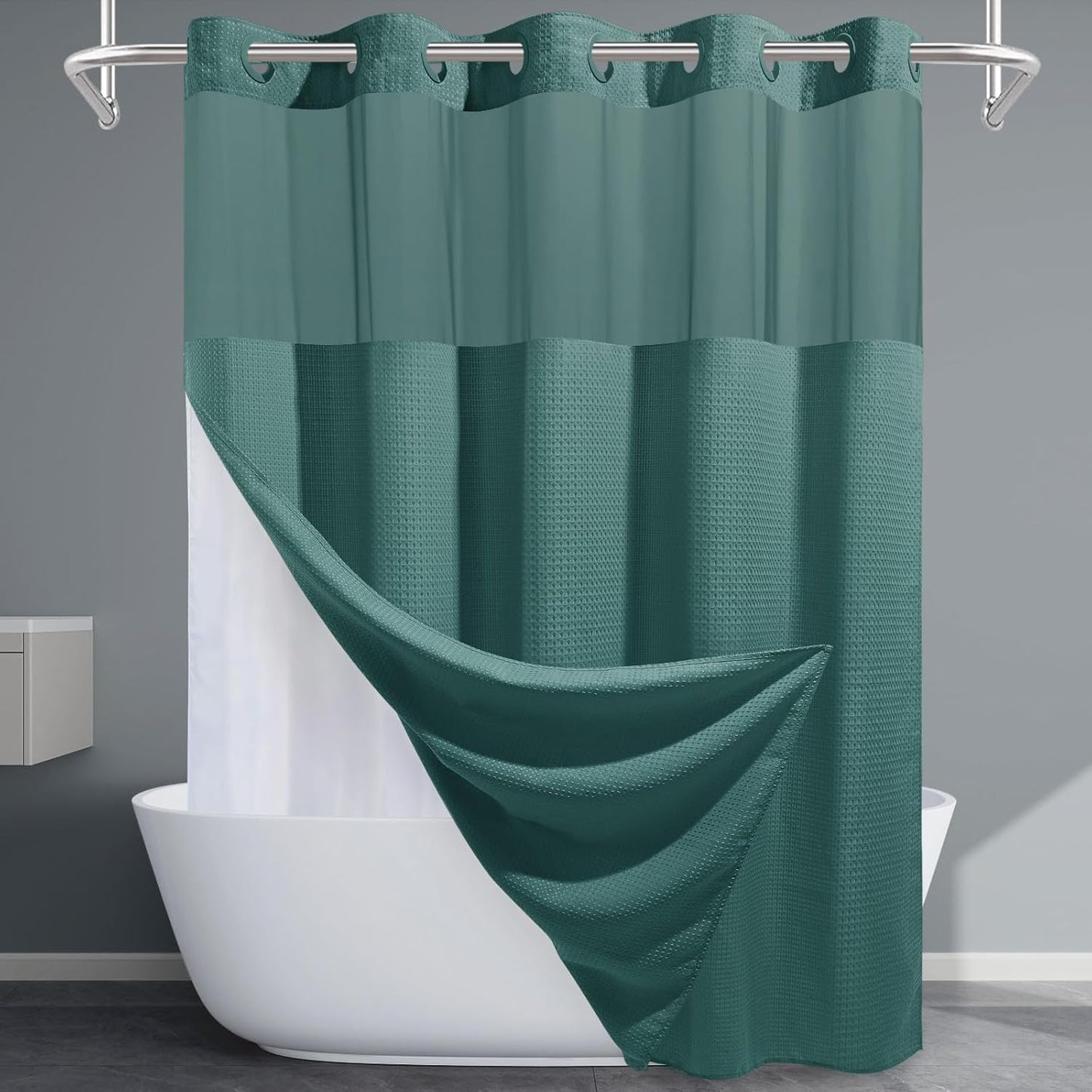 Grey Shower Curtain and Liner Set - 230GSM Waffle Weave Textured Heavy Duty,Hotel Luxury Weighted Bath Curtain,71W x 74H