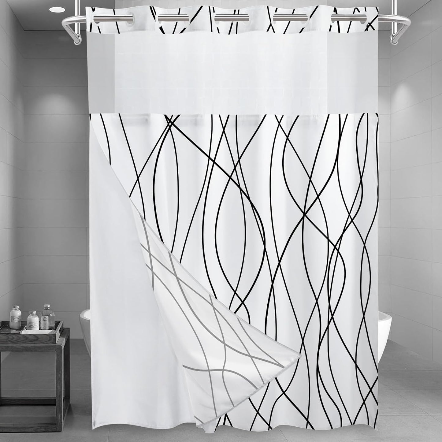 No Hook Grey White Striped Shower Curtain with Snap in Fabric Liner Set - Hotel Liner Set with See Through Mesh Top Window,Machine Washable, 71x74 INCH