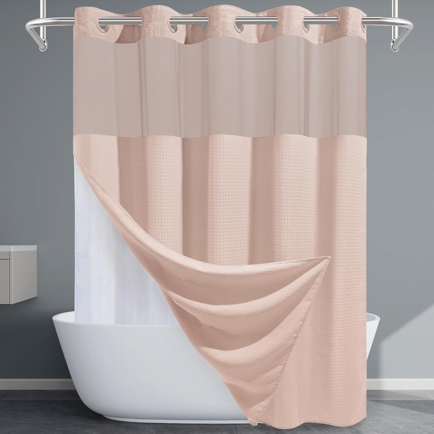 Grey Shower Curtain and Liner Set - 230GSM Waffle Weave Textured Heavy Duty,Hotel Luxury Weighted Bath Curtain,71W x 74H