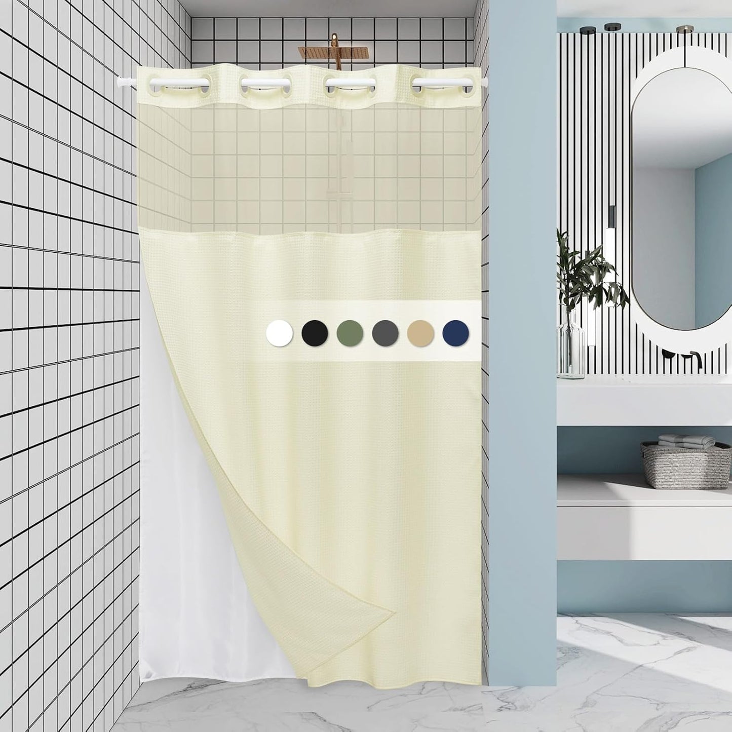 Grey Shower Curtain and Liner Set - 230GSM Waffle Weave Textured Heavy Duty,Hotel Luxury Weighted Bath Curtain,71W x 74H